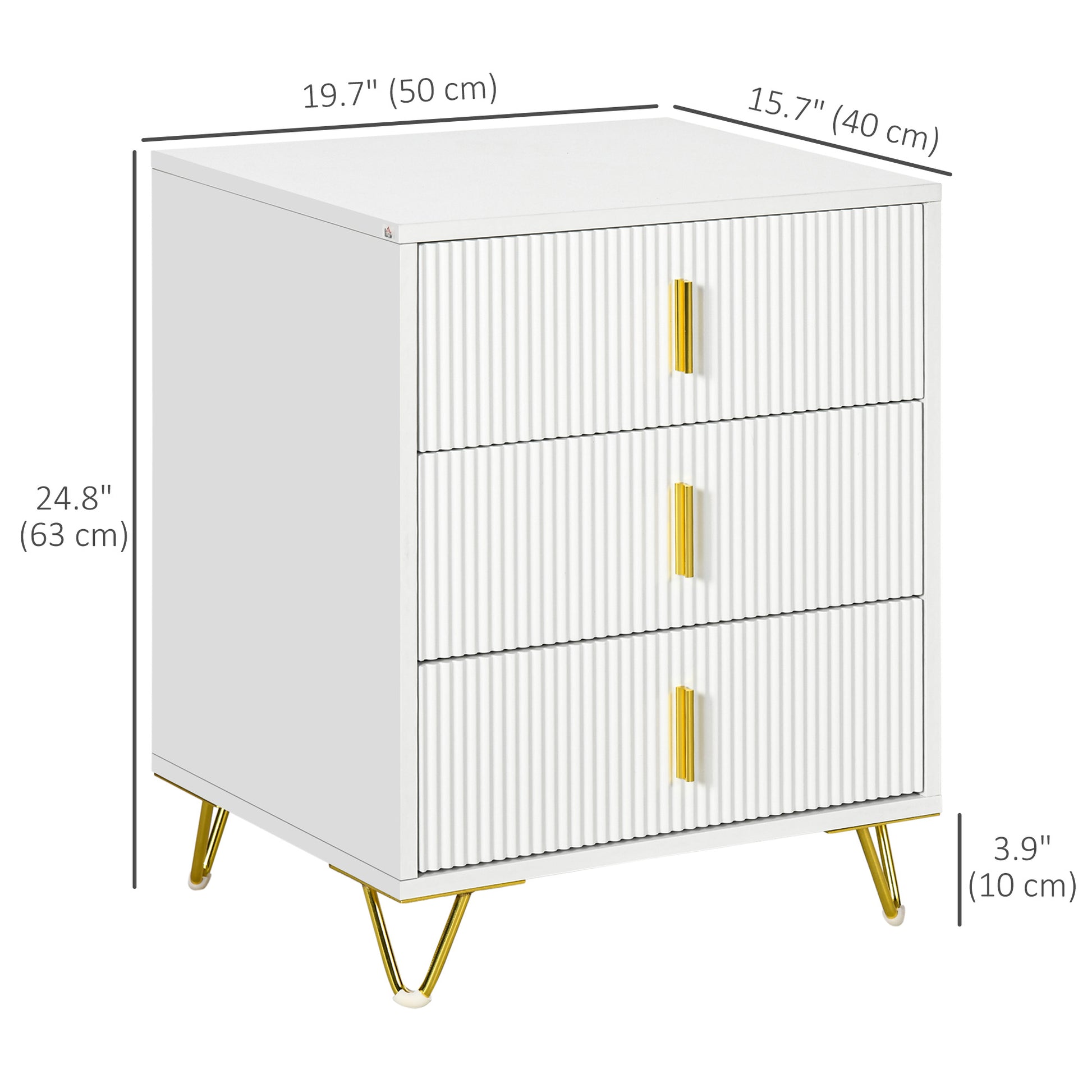 Drawer Chest, 3-Drawer Storage Cabinet Unit with Metal Legs for Living Room, 19.7"x15.7"x24.8", White