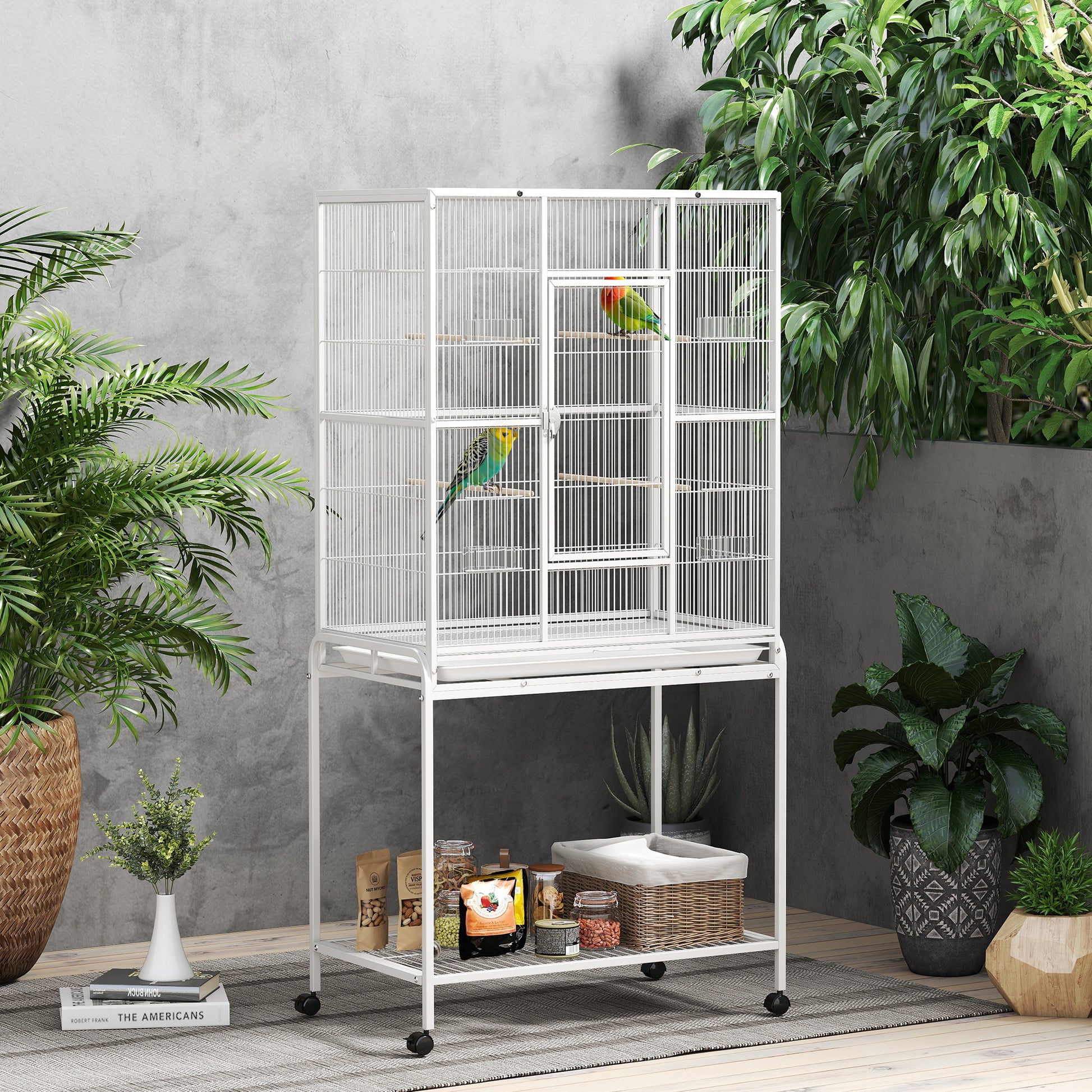 64" Large Rolling Bird Cage Bird House with Detachable Rolling Stand, Storage Shelf, Wood Perch Food Container, White