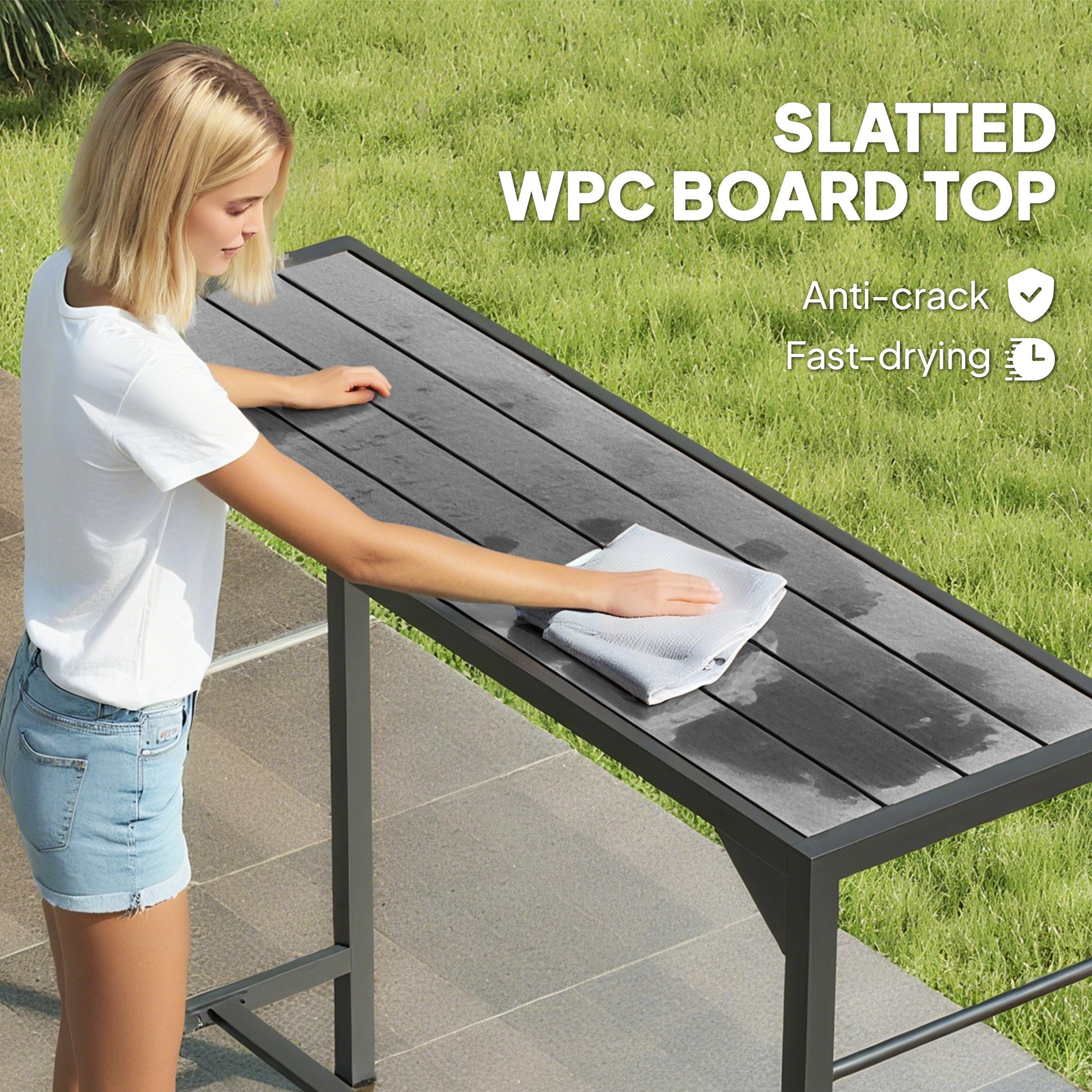 Bar Height Outdoor Table with Built-In Bottle Opener, Patio Bar Table with Wood Grain Plastic Top, 47.2" x 15" x 39"