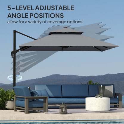 10' x 10' Cantilever Patio Umbrella, Double Top Square Offset Umbrella with 360° Rotation, Light Grey