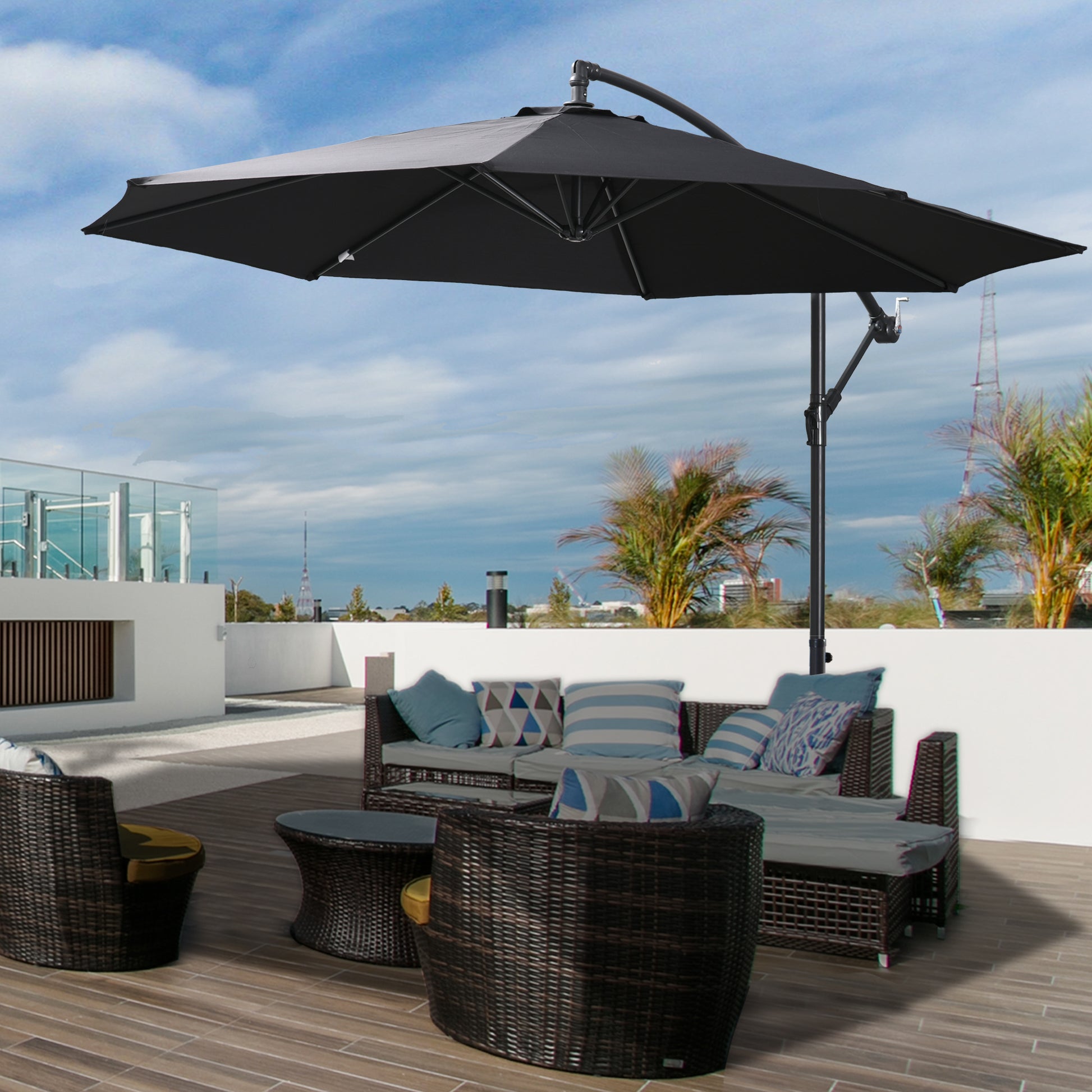 9.7ft Offset Patio UmbrellaCantilever Parasol with Crank Handle, 8 Ribs and Cross Base for Outdoor, Sun Shade, Black