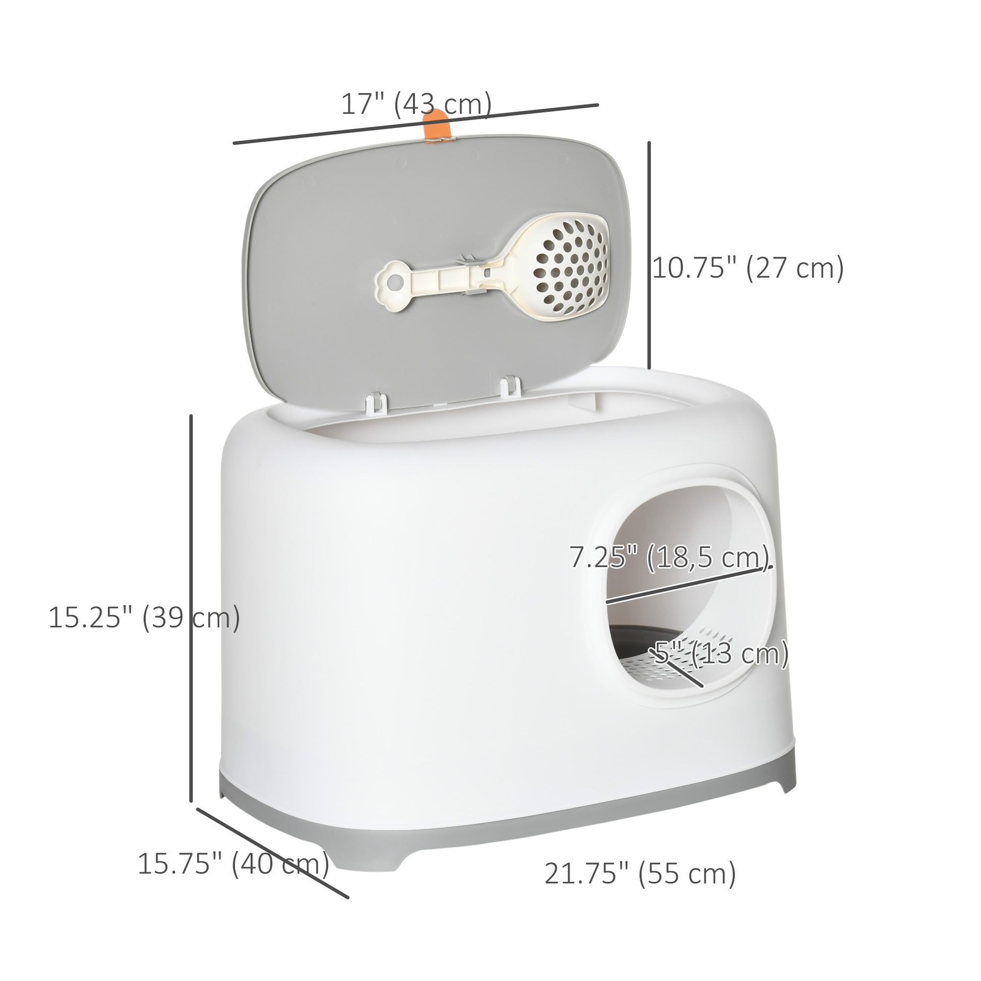 Cat Litter Box with Anti-Sand Tunnel, Scoop, Open Top, Odor Control & Easy to Clean, White
