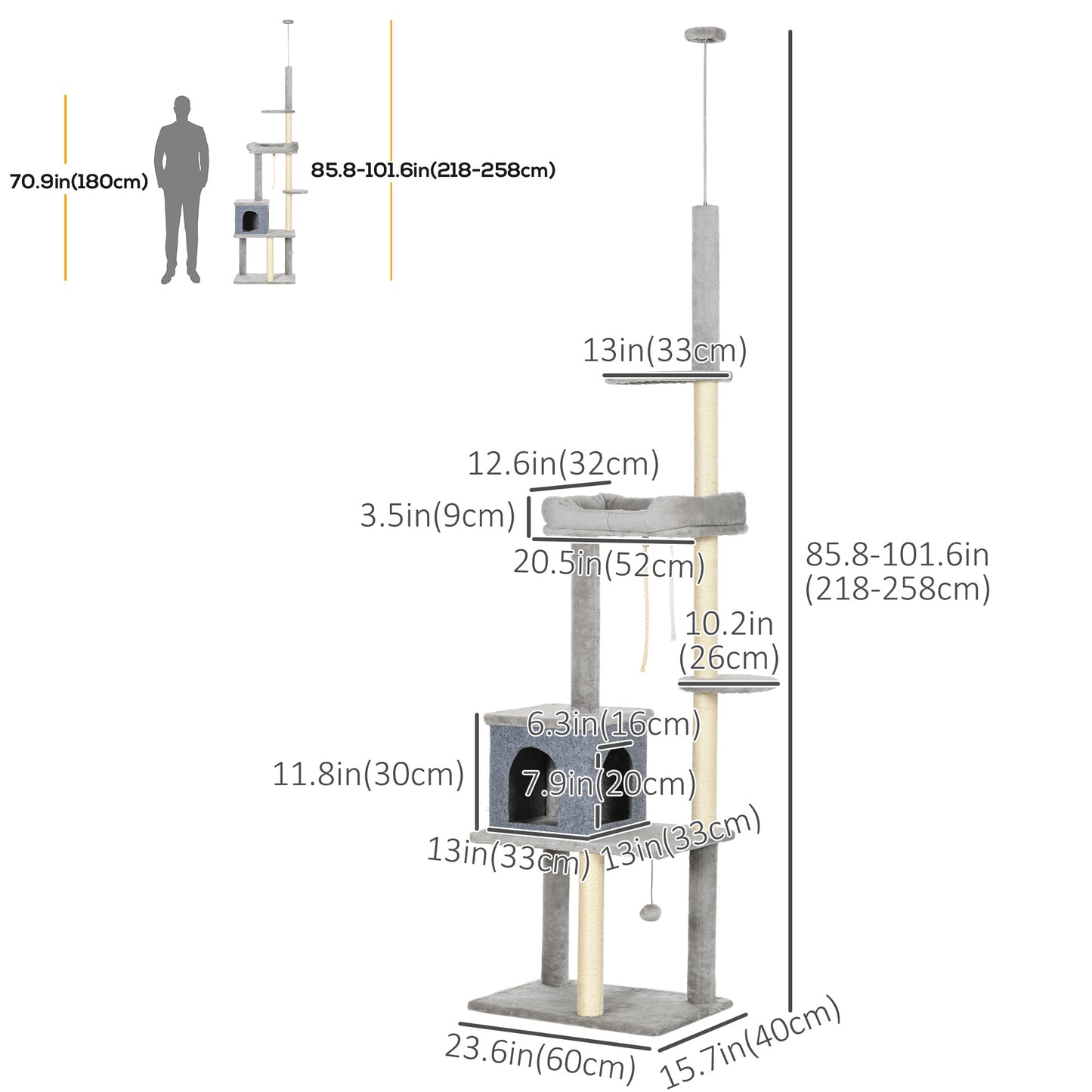 Cat Tree Floor to Ceiling Cat Tower Height Adjustable( 85-101 Inches), Tall Large Cat Climbing Activity Center with Scratching Posts Cat Condo Cozy Bed, Grey