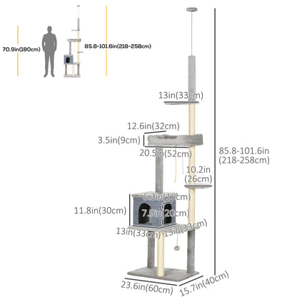 Cat Tree Floor to Ceiling Cat Tower Height Adjustable( 85-101 Inches), Tall Large Cat Climbing Activity Center with Scratching Posts Cat Condo Cozy Bed, Grey