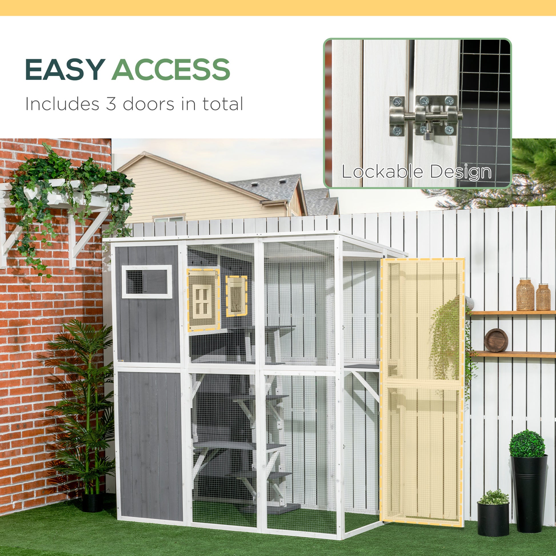 Wooden Cat Catio, 66.5"L Walk in Outdoor Cat House with PVC Weather Protection Roof, Multiple Platforms, Lockable Doors, Resting Condo, Observation Window, for 2 Cats