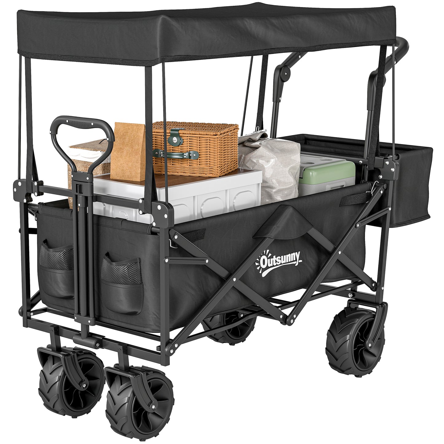 80L Folding Wagon Cart with Wheels, Heavy-Duty Collapsible Wagon with Removable Canopy, Adjustable Handle, Black