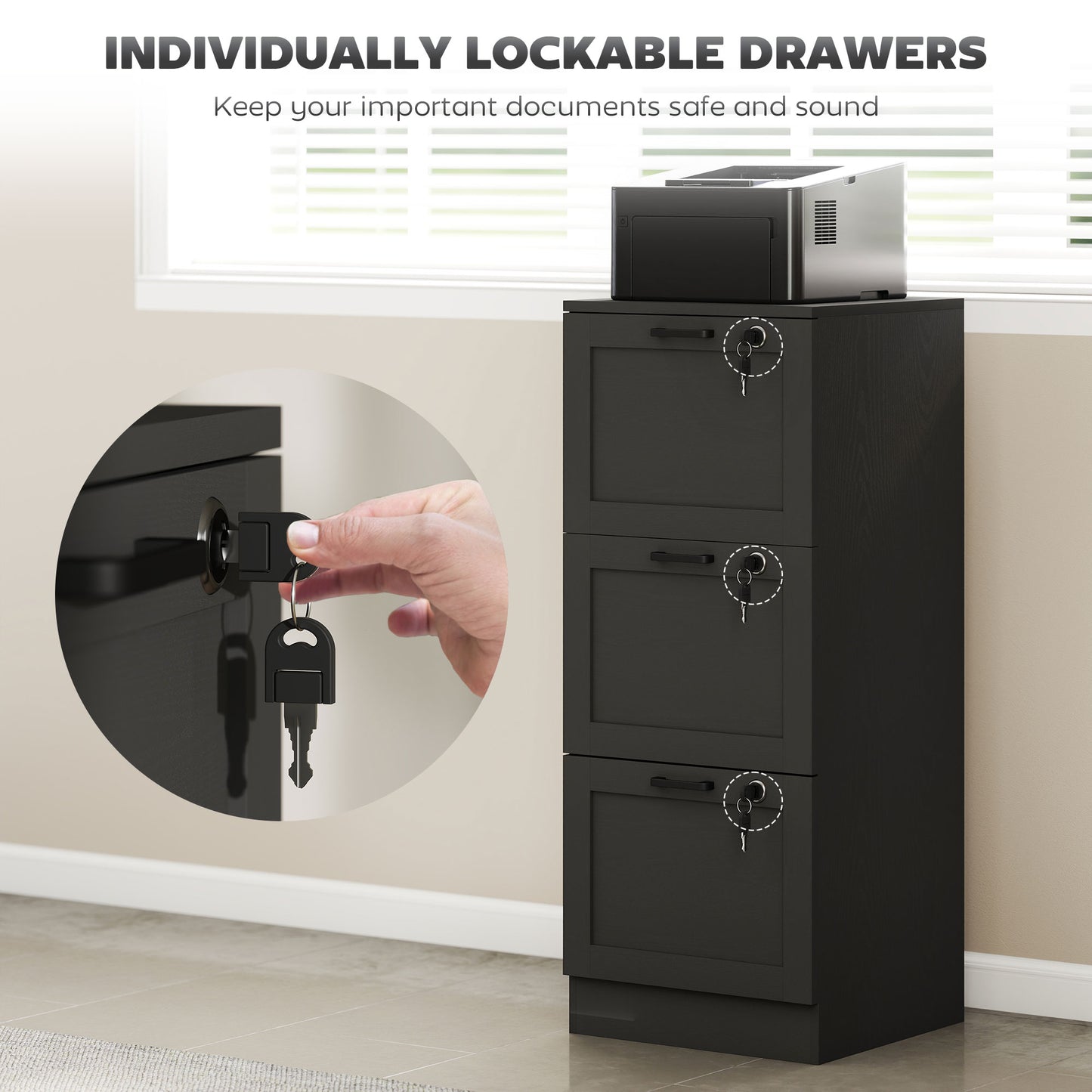Vertical Filing Cabinet with 3 Drawers, Lock, File Cabinet for Home Office, A4 and Letter Size Files, Black