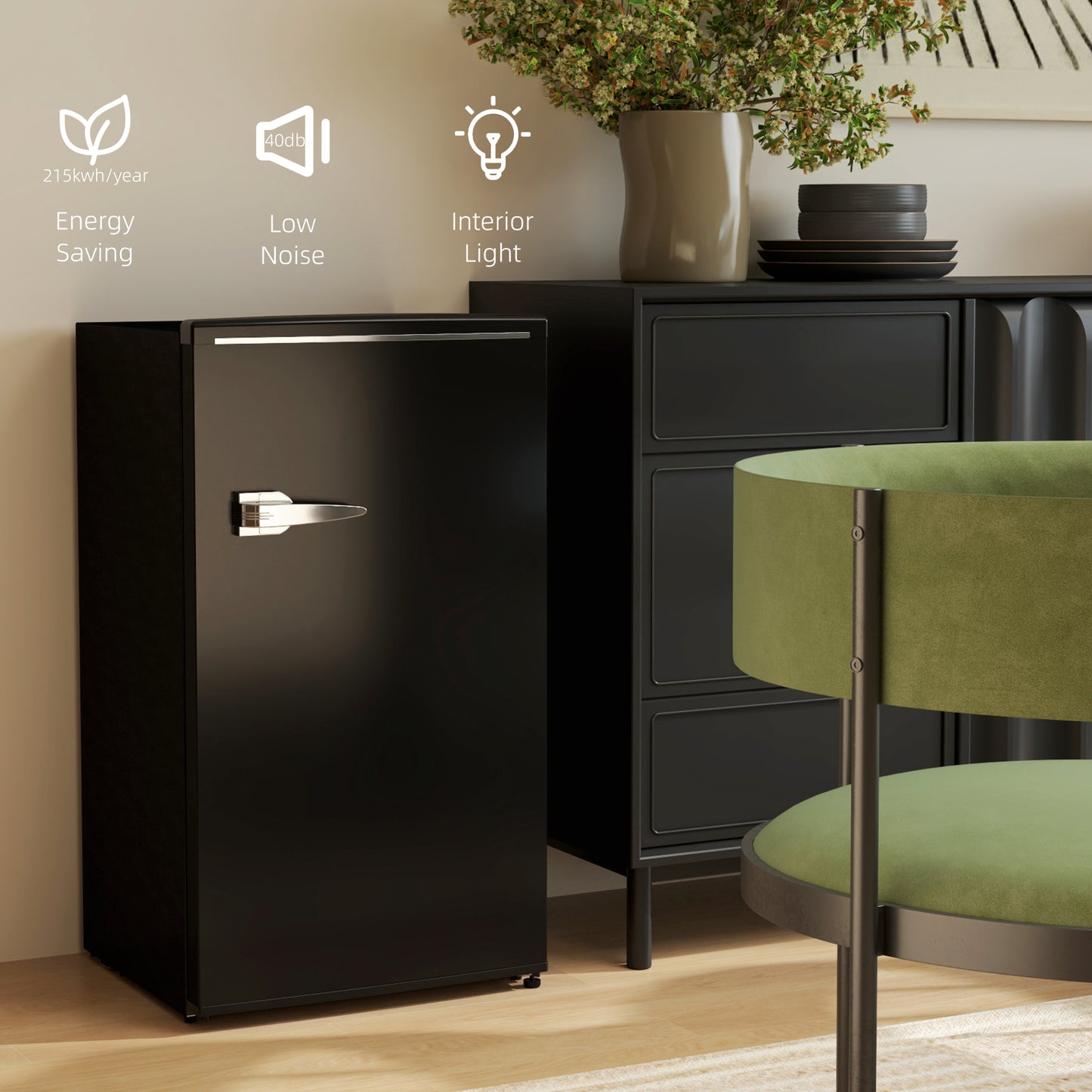 Retro Mini Fridge, 3.1 Cu. Ft Single Door Compact Refrigerator with Adjustable Thermostat, 2 Glass Shelves, Black