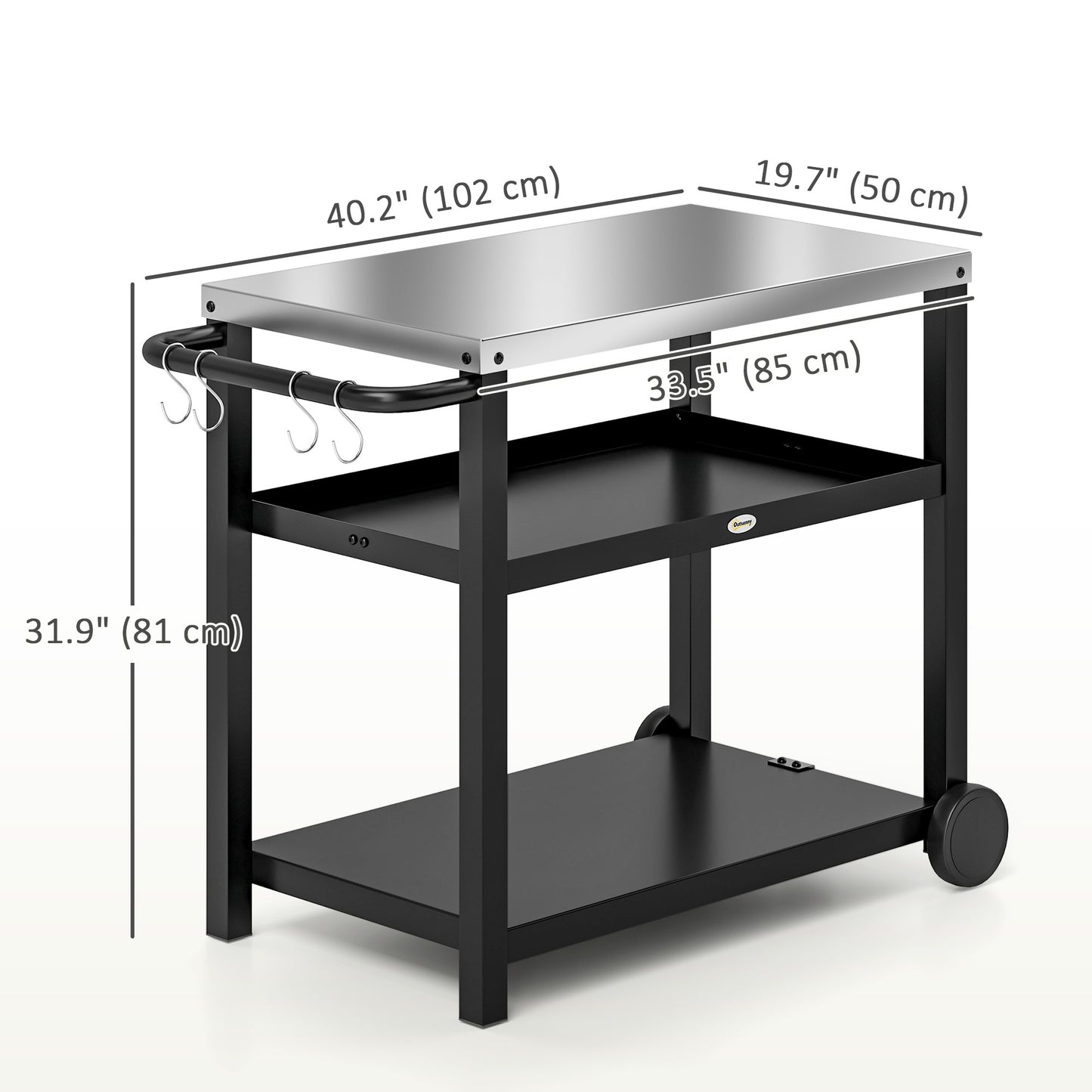 3-Shelf Outdoor Grill Dining Cart Pizza Oven Stand with Stainless Steel Top, Movable BBQ Food Prep Table Outdoor Kitchen Island with Hooks Wheels Handle, Charcoal Grey
