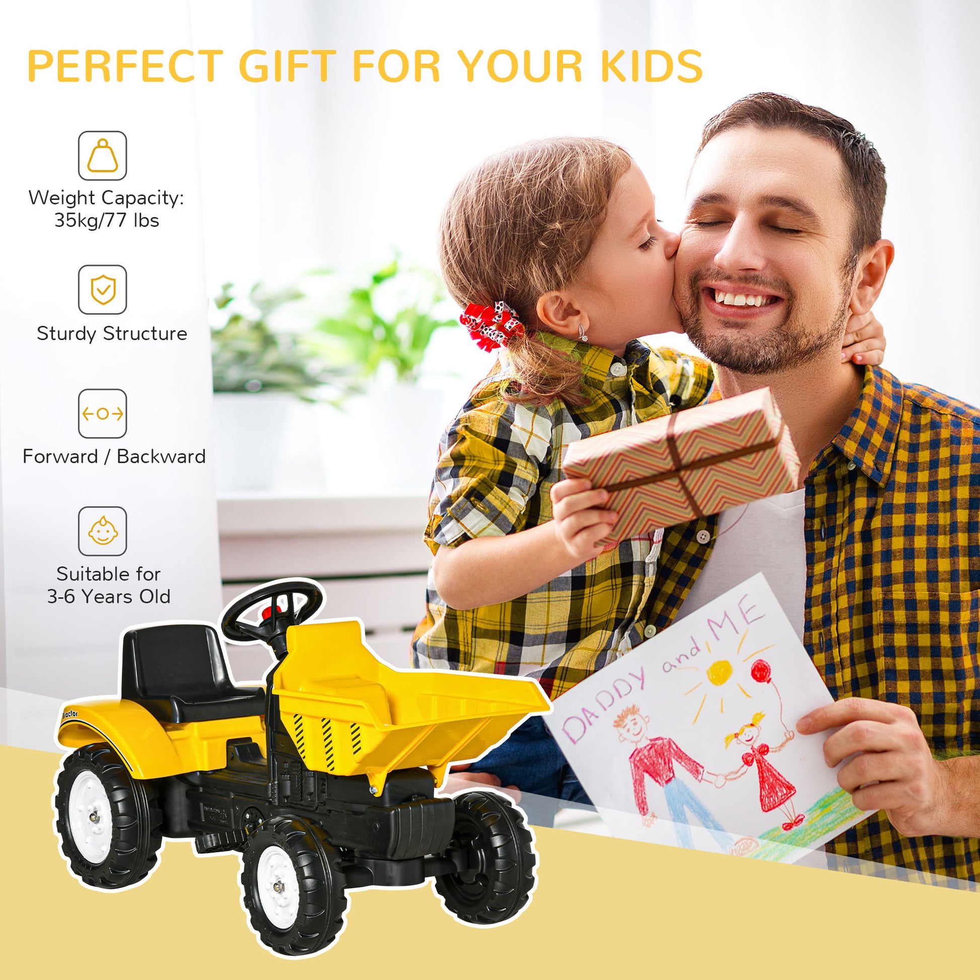Aosom Ride on Tractor for Kids, Pedal Construction Car with Manual Control Bucket for 3 Year Old, Yellow