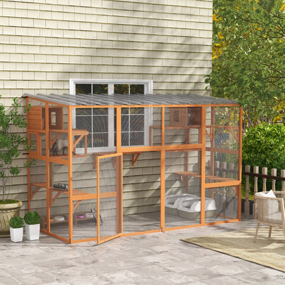 Large Outdoor Catio with 2 Condos, Jumping Platforms, Waterproof Roof, Orange