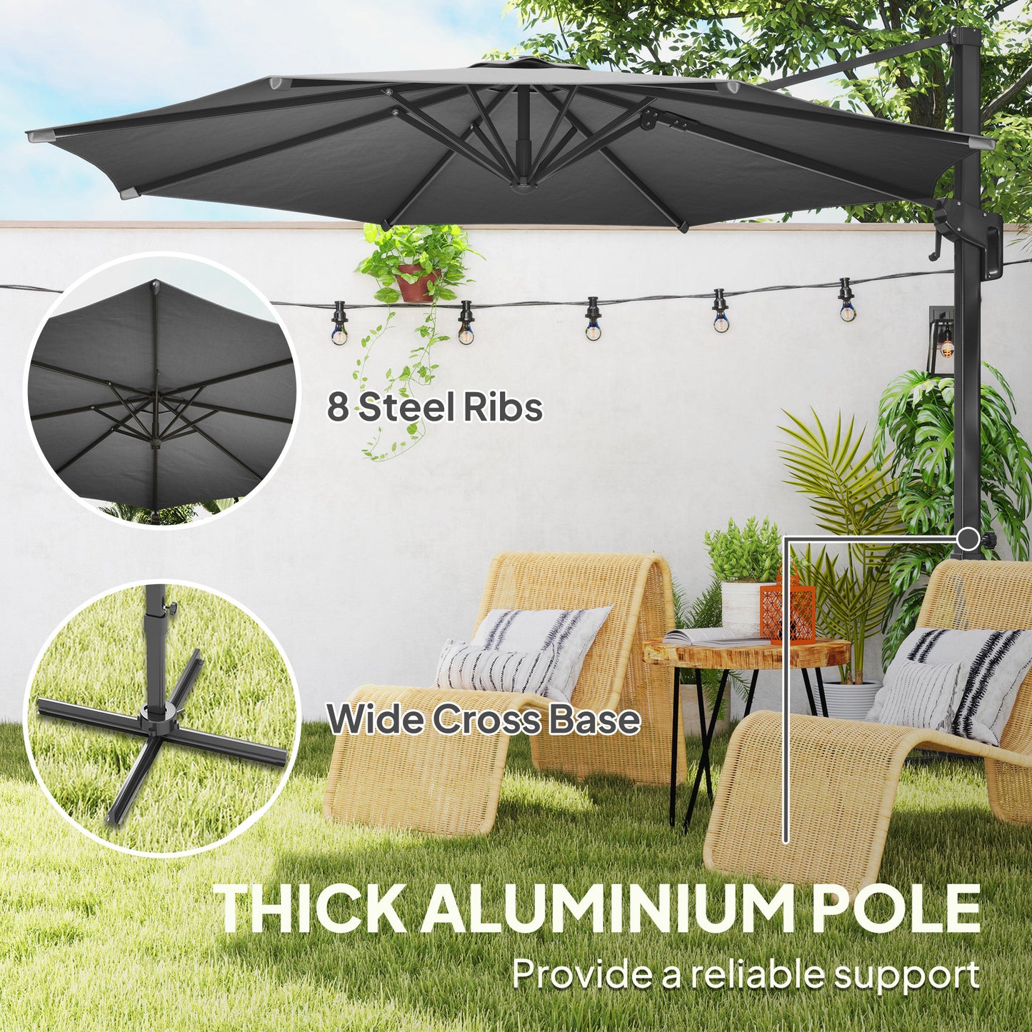 10' Offset Patio Umbrella Cantilever Umbrella with Aluminium Pole 360° Rotation and Tilt Adjustment, Grey
