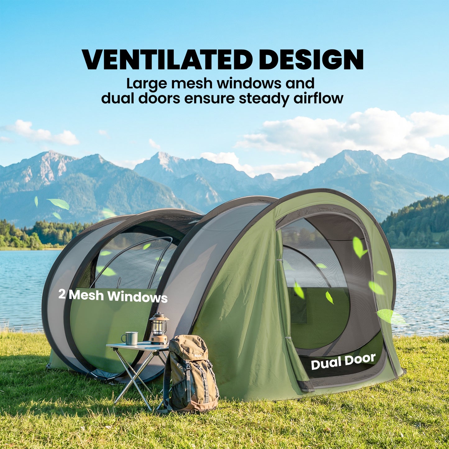 Family Tent Pop-Up Camping Tent with 2 Doors 2 Windows for 4-5 Person Waterproof Green