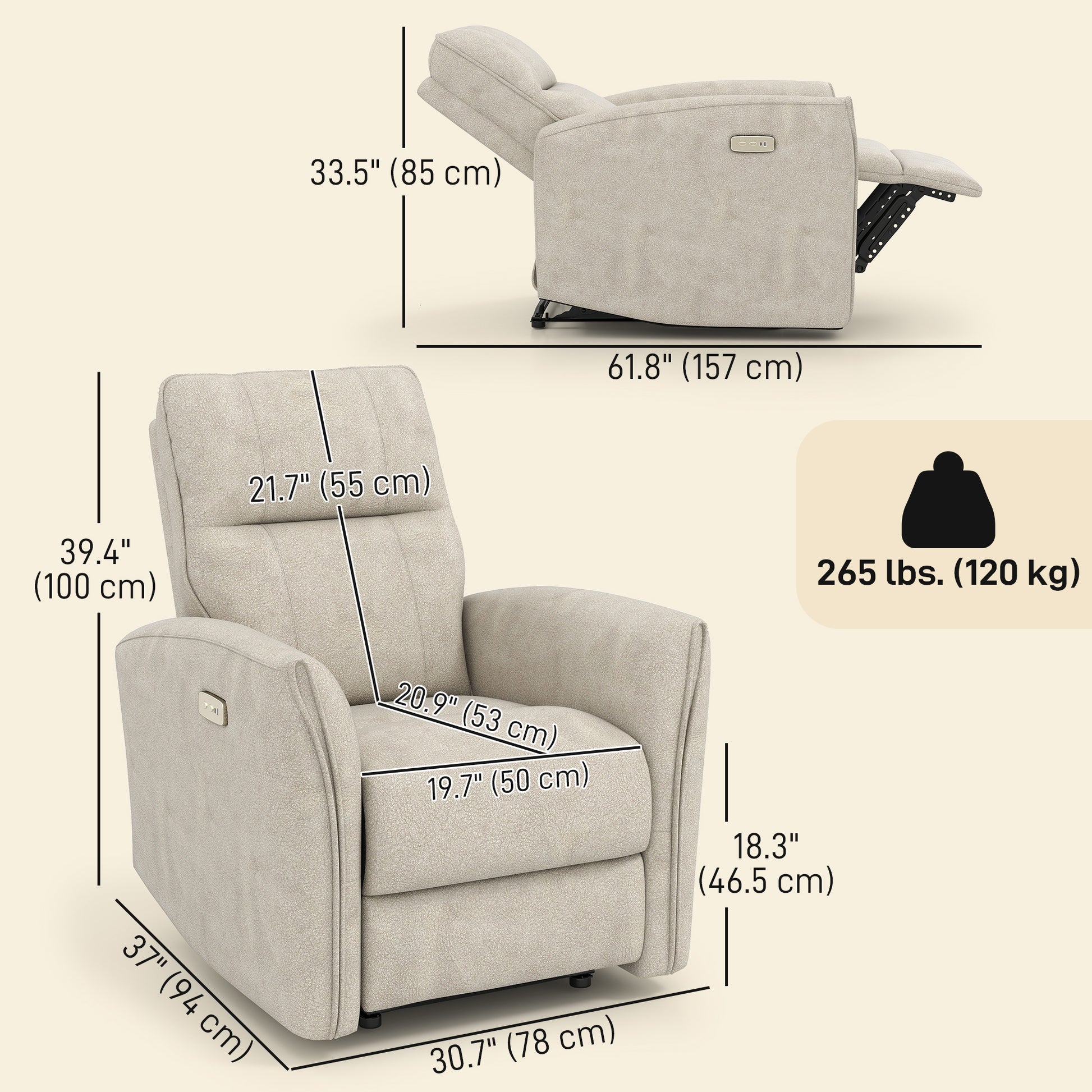 Power Recliner Chair, Fabric Upholstered Recliner Chair with USB Ports, Footrest, Beige