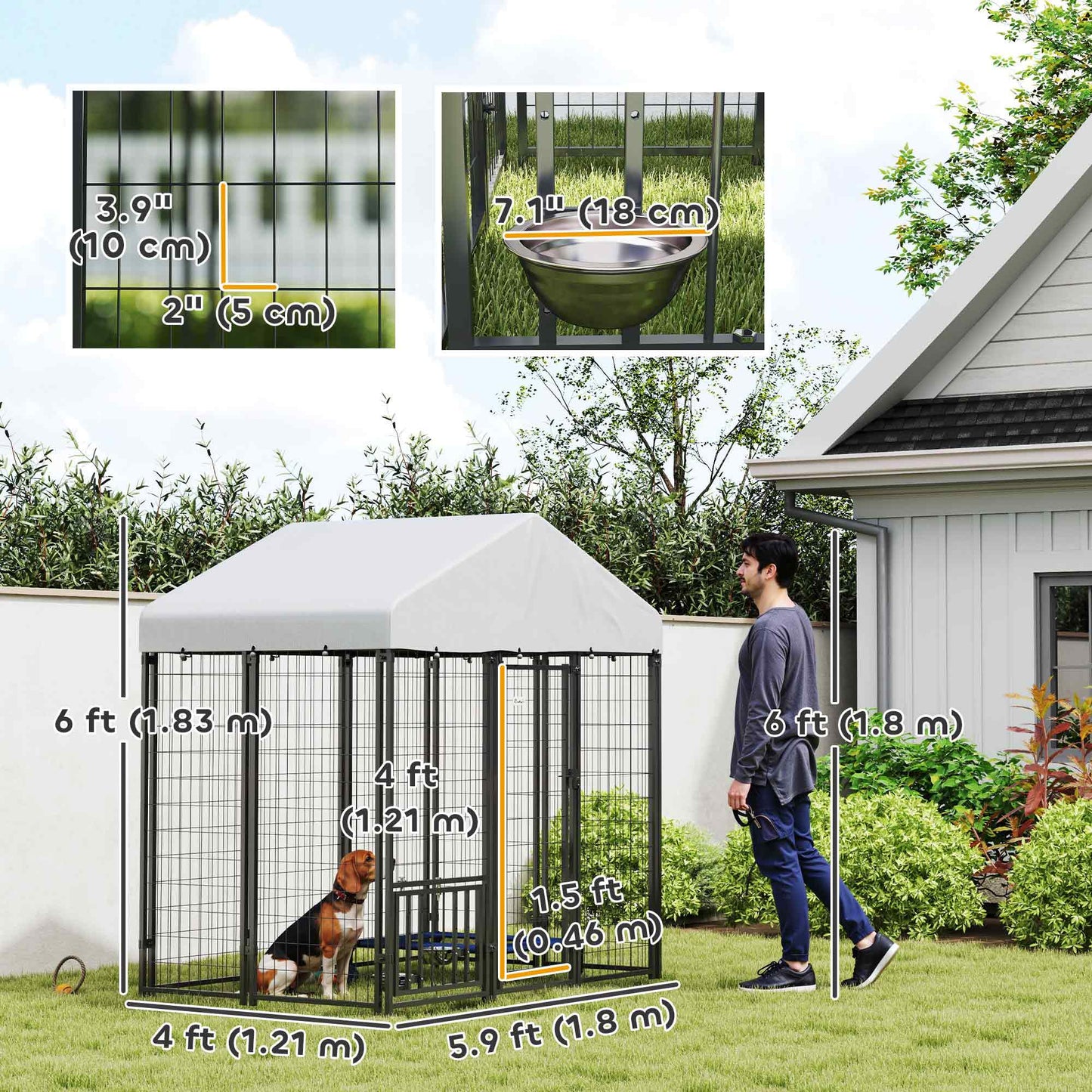 Outdoor Dog Kennel with Waterproof UV-Resistant Cover, Rotating & 4-Level Adjustable Feeding Bowls, 5.9 x 4 x 6 ft