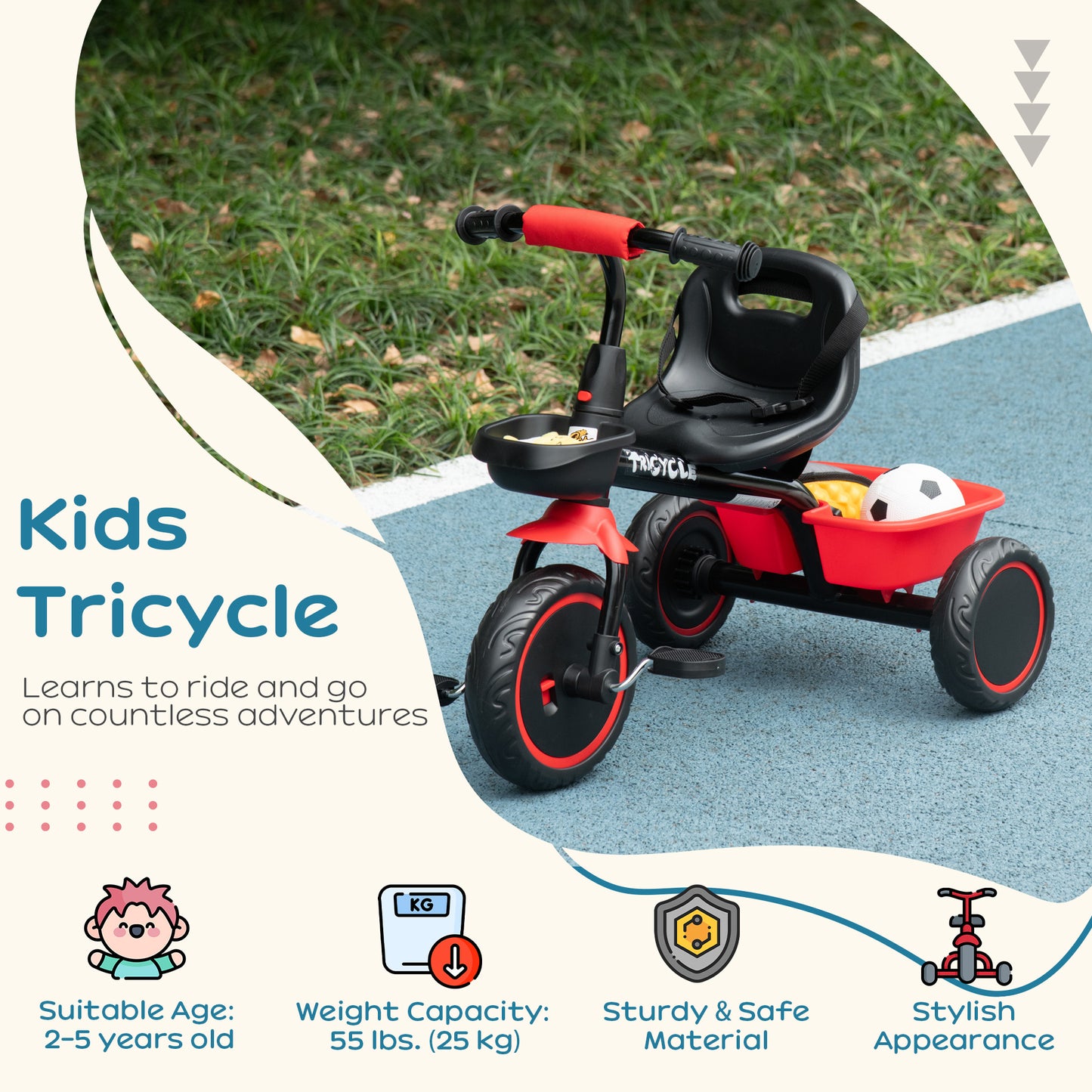 Qaba Large Kids Tricycle for Toddler 2-5 Year Old Girls and Boys, Toddler Trike Bike with Adjustable Seat, Safety Belt, Two Storage Baskets, Red