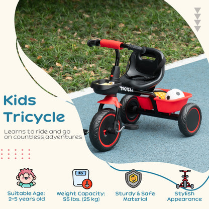 Qaba Large Kids Tricycle for Toddler 2-5 Year Old Girls and Boys, Toddler Trike Bike with Adjustable Seat, Safety Belt, Two Storage Baskets, Red