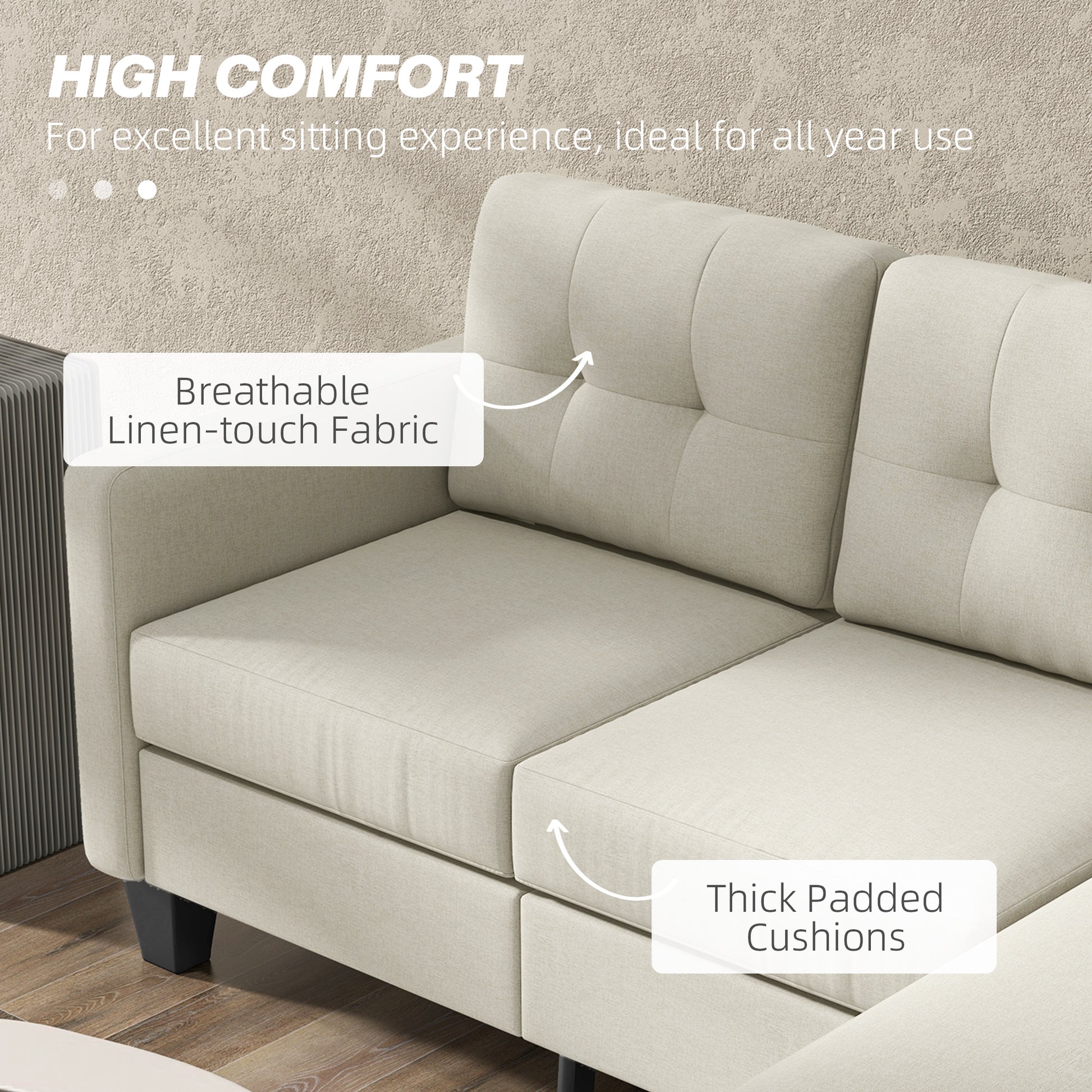 Small Corner Sofa, 3 Seater Sectional Couch with Ottoman, Corner Sofa with Thick Padded Cushion and Wood Legs, Beige
