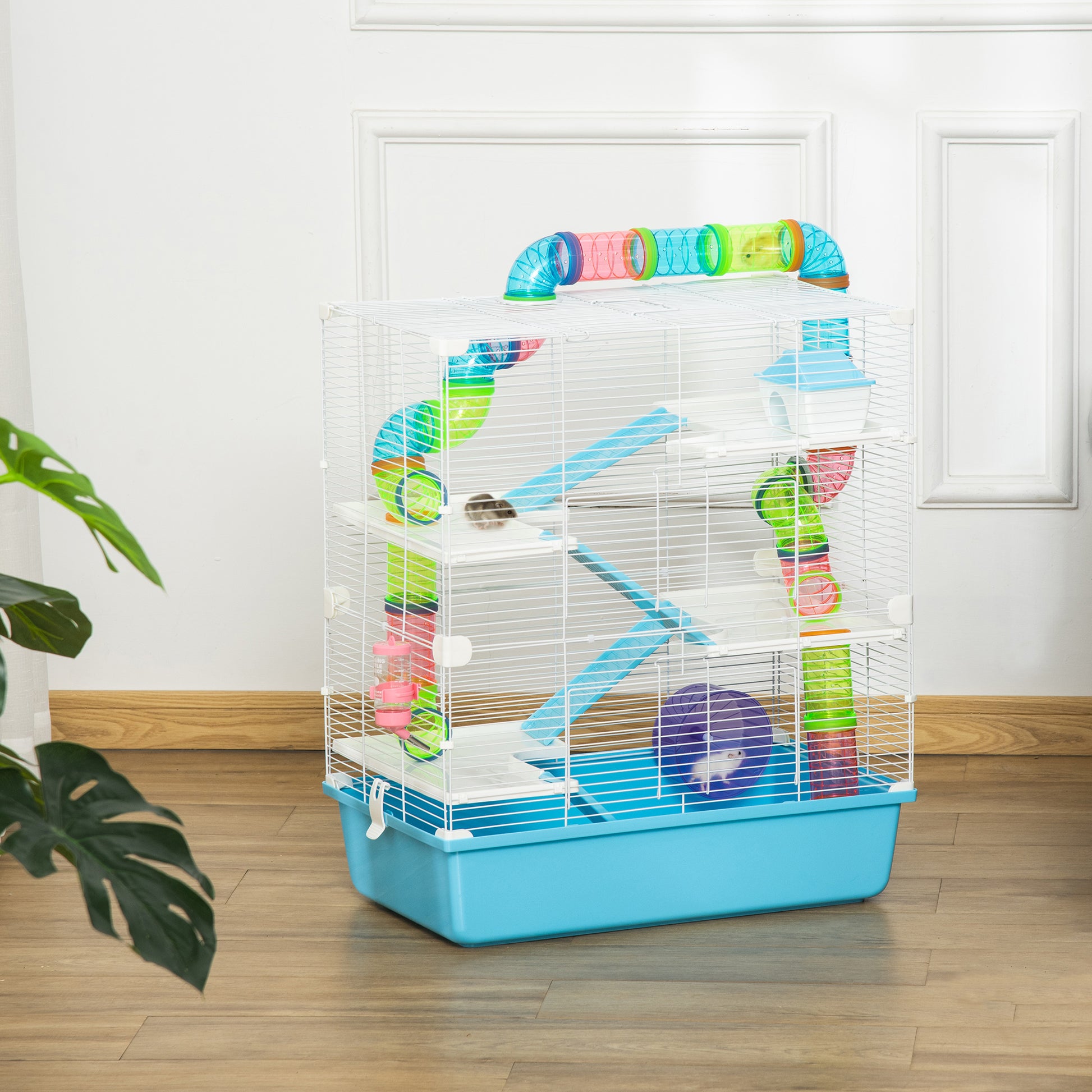 23" Large Hamster Cage, Small Animal House, 5-Level Gerbil Haven, Tunnel Tube System, with Water Bottle, Exercise Wheel, Food Dish, Ramps, 2 Doors, Light Blue