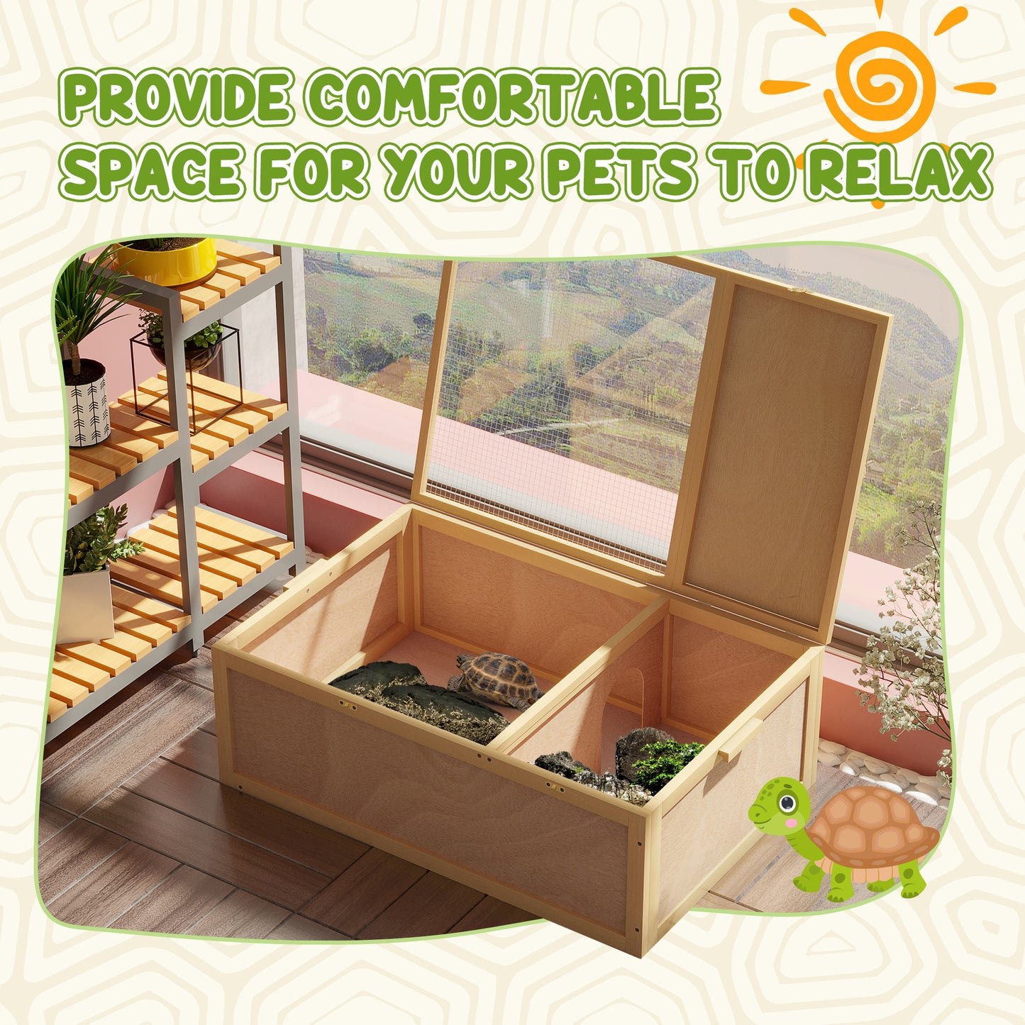 Wooden Tortoise Enclosure with Two Room Design, for Indoor Use, 37" x 25" x 13", Nature Wood