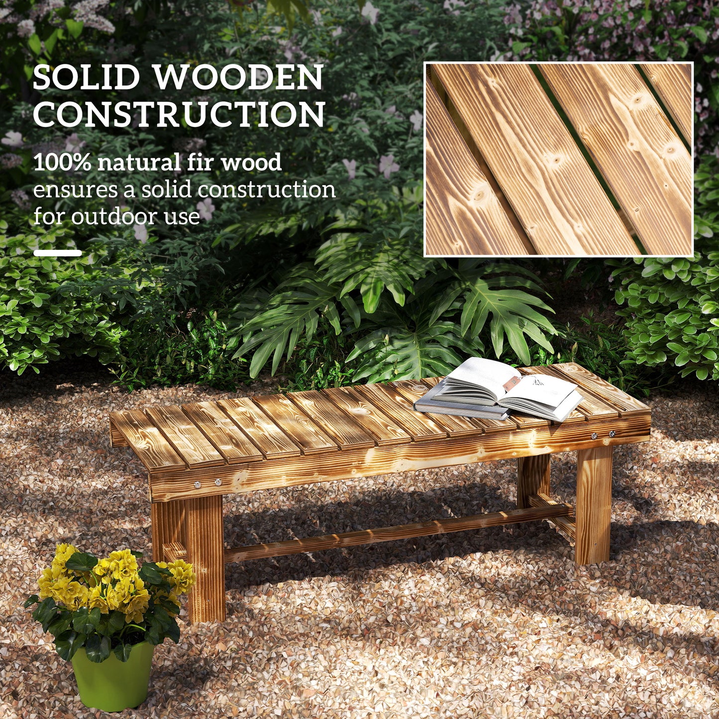 Outdoor Garden Bench, Backless Patio Fir Wood Stool, Armless Loveseat, 43.25" x 15" x 13.75", Carbonized