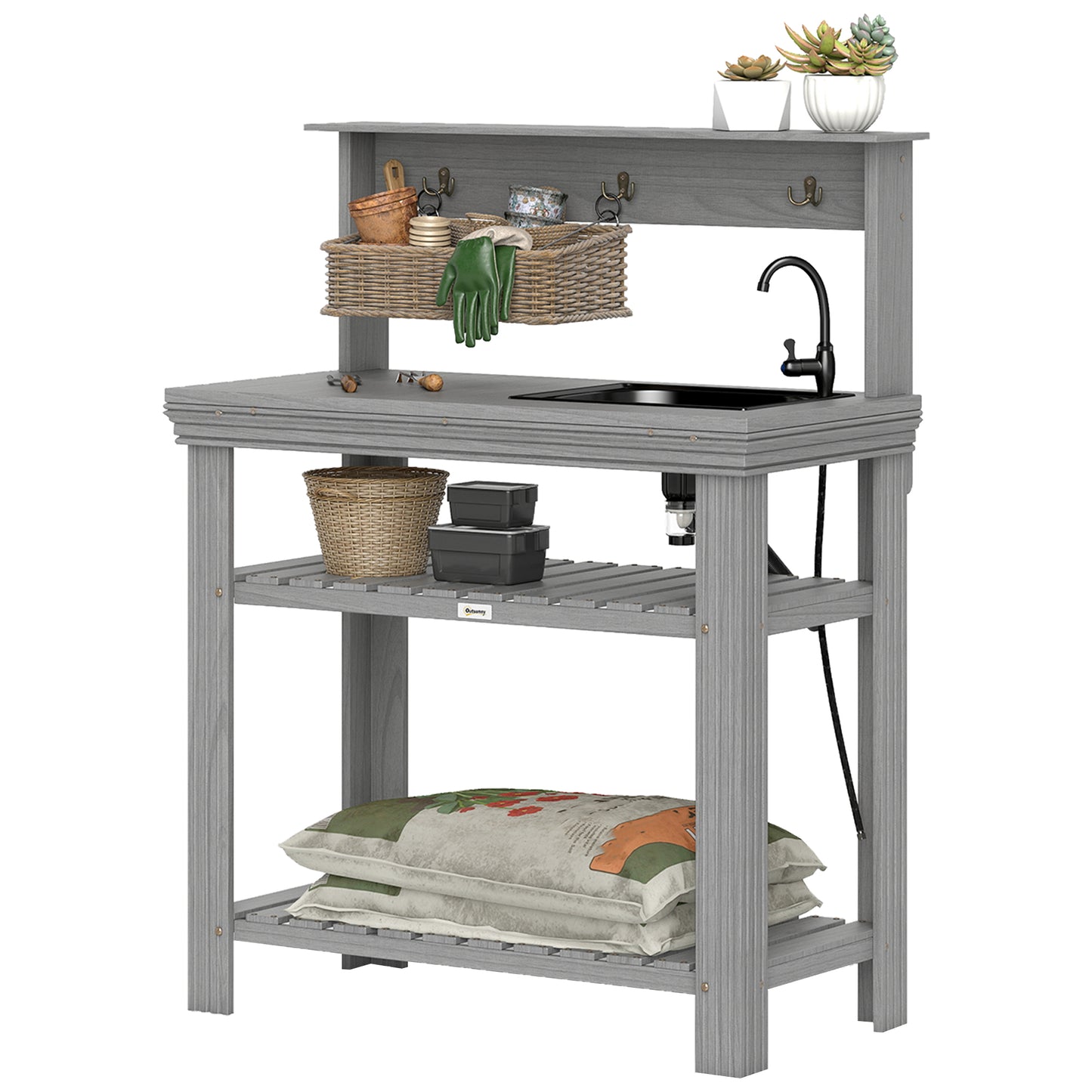 Outdoor Potting Bench Table with Faucet, Removable Sink, Hooks and Storage Shelves, Wood Work Bench Workstation, Grey