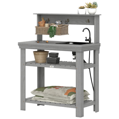 Outdoor Potting Bench Table with Faucet, Removable Sink, Hooks and Storage Shelves, Wood Work Bench Workstation, Grey