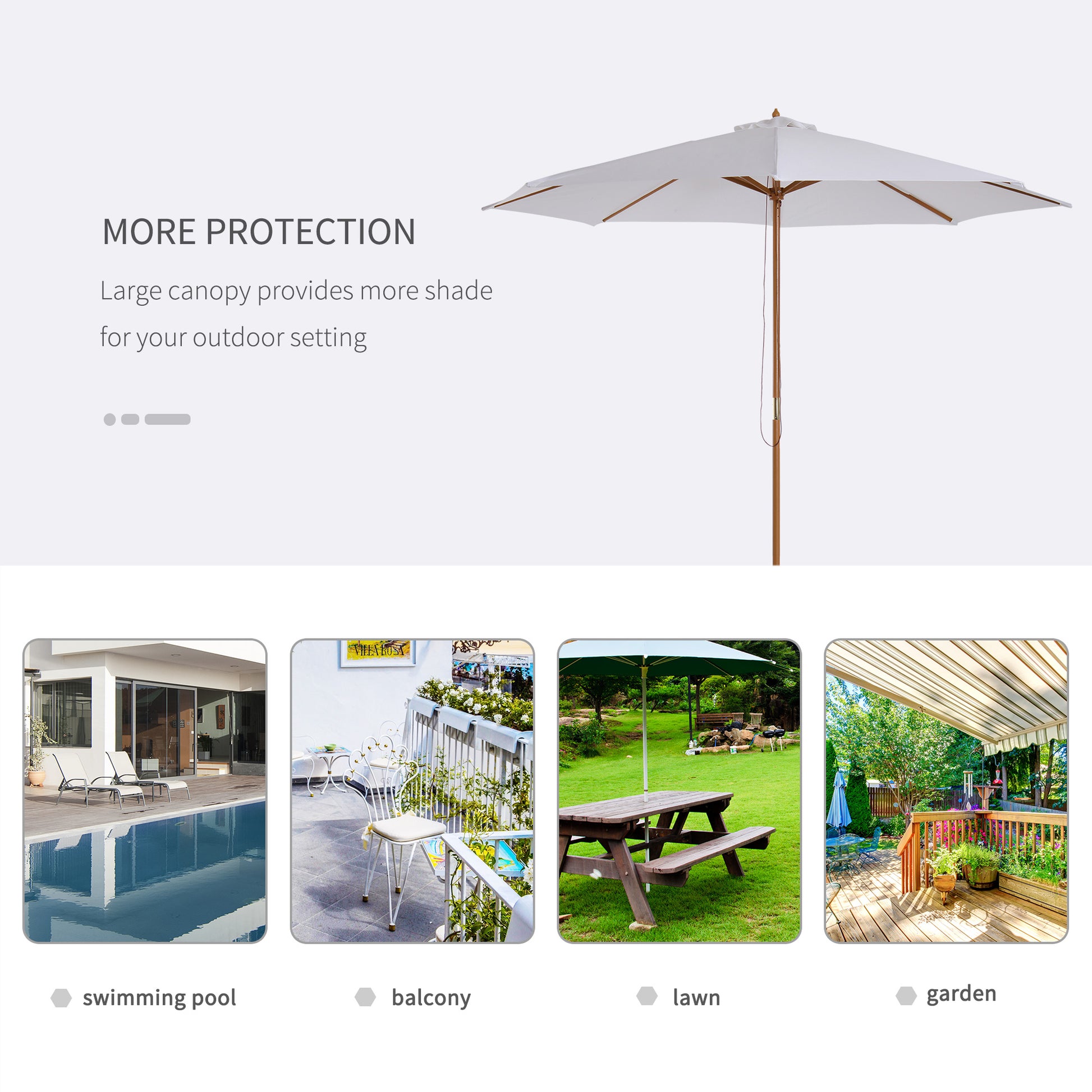 10' x 8' Bamboo Wooden Round Market Patio Sun Umbrella, Garden Parasol, Outdoor Sunshade Canopy, White