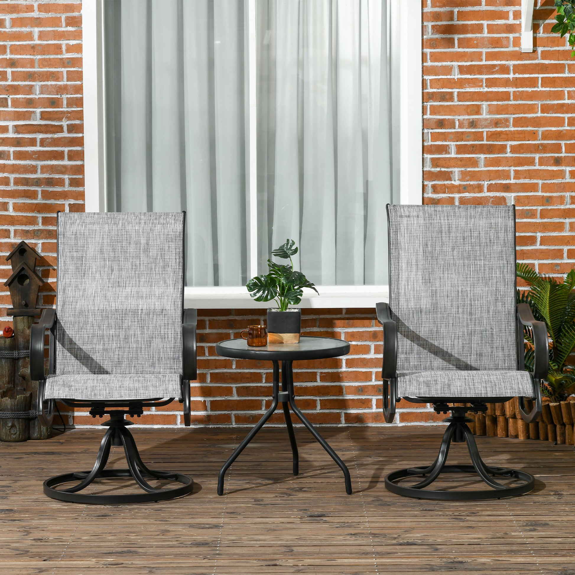 2-Piece Swivel Garden Chairs, 360° Swivel Rocking Outdoor Chairs with Curved Armrests, Breathable Mesh Seat & S Shape Backrest for Yard, Lawn, Porch, Dark Grey