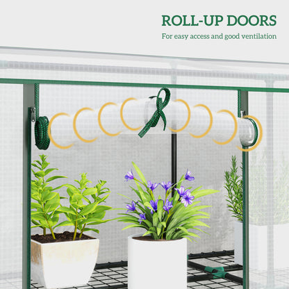 Lean-to Greenhouse with 3 Tier Shelves, Mini Greenhouse with 3 Roll-Up Doors for Indoor Outdoor, White