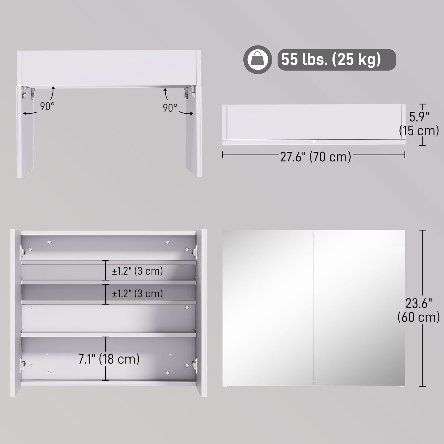Wall Mount Mirrored Medicine Cabinet, Bathroom Mirror Cabinet with Adjustable Shelf, Double Soft Closing Doors, Light Lilac