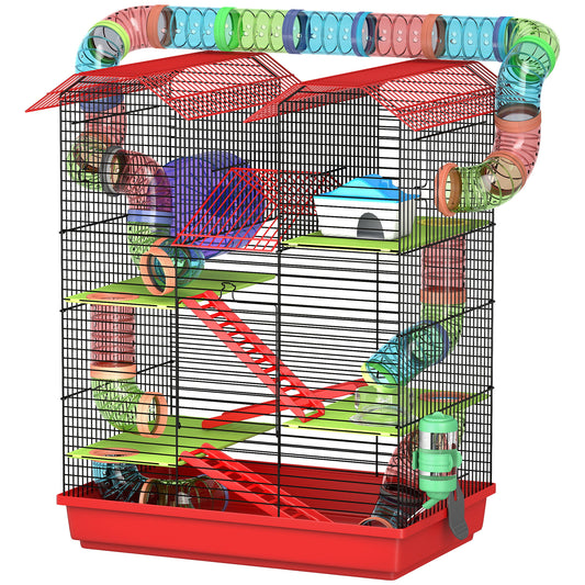18.5" Hamster Cage, 5 Tiers Small Animal House with Tunnel Tube System, Exercise Wheel, Water Bottle, Red