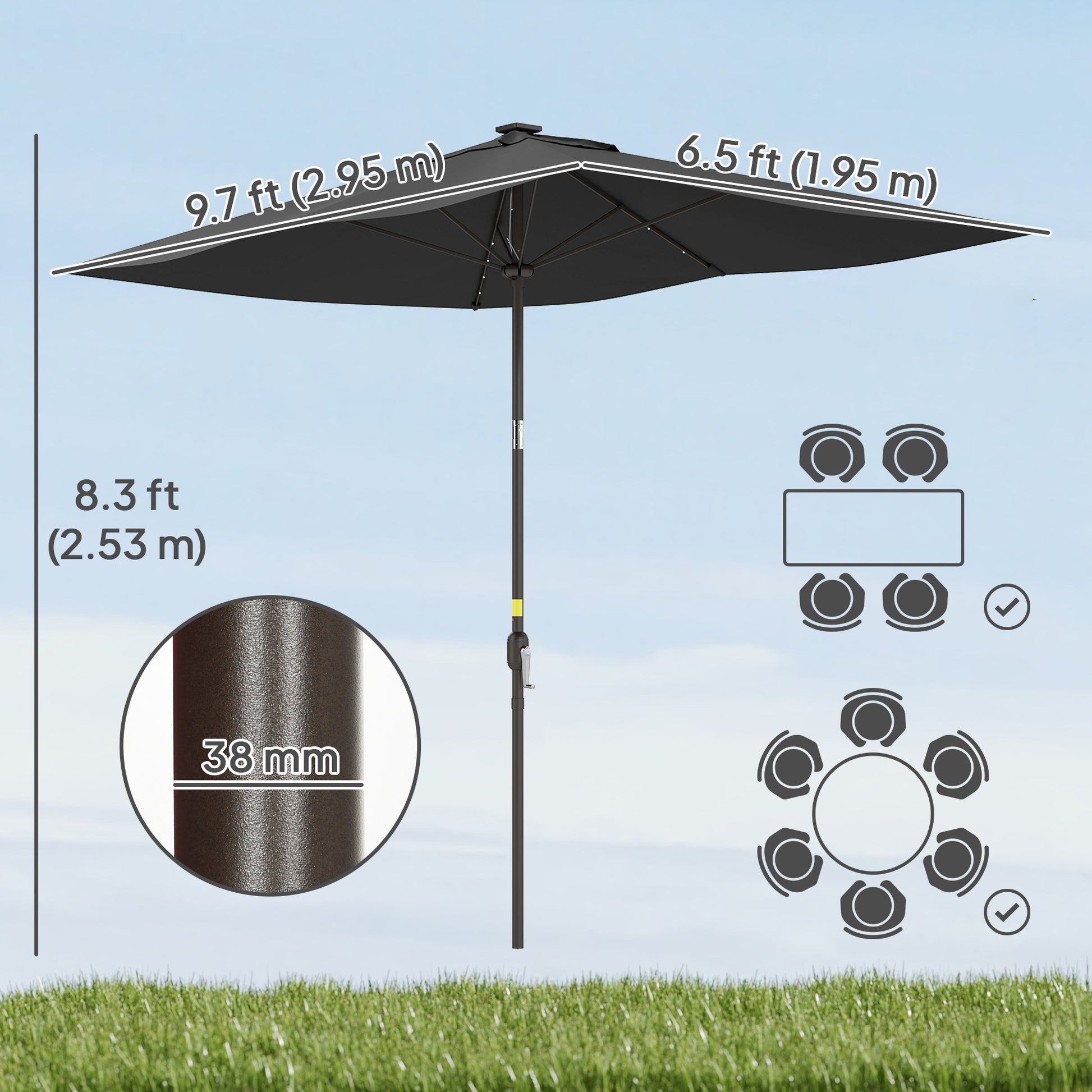 6.5x10ft Patio Umbrella, Rectangle Tilt Outdoor Market Parasol with LEDs, Black