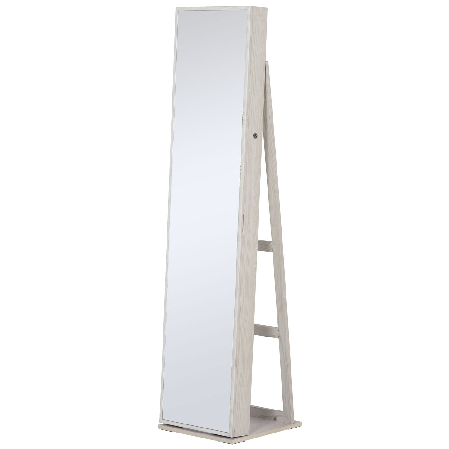 Mirror Jewelry Cabinet Armoire, Lockable Jewelry Organizer with Full-Length Mirror, LED Lights, Standing Jewelry Armoire in White Wood