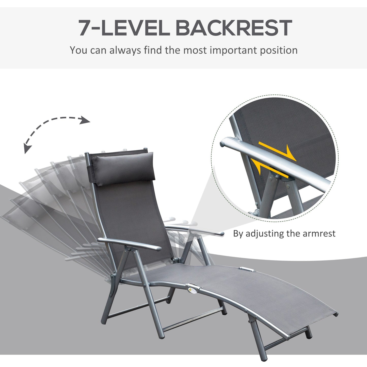 Heavy-duty Adjustable Folding Reclining Chair Outdoor Sun Lounger Patio Chaise Lounge Garden Beach Gravity Lounge with Pillow, 7 Adjustable Backrest Positions, Grey