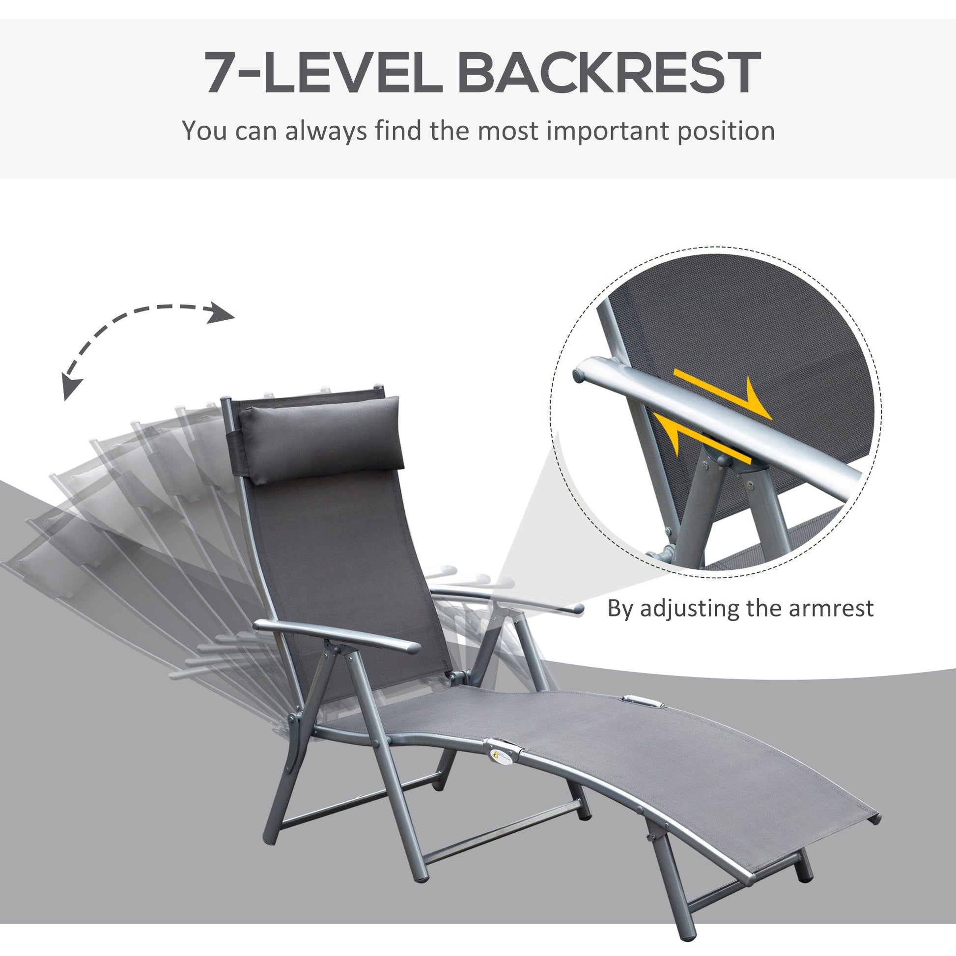 Heavy-duty Adjustable Folding Reclining Chair Outdoor Sun Lounger Patio Chaise Lounge Garden Beach Gravity Lounge with Pillow, 7 Adjustable Backrest Positions, Grey