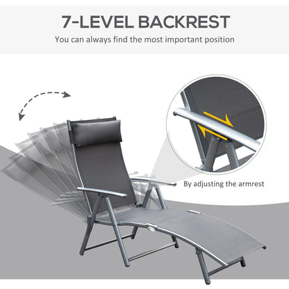 Heavy-duty Adjustable Folding Reclining Chair Outdoor Sun Lounger Patio Chaise Lounge Garden Beach Gravity Lounge with Pillow, 7 Adjustable Backrest Positions, Grey