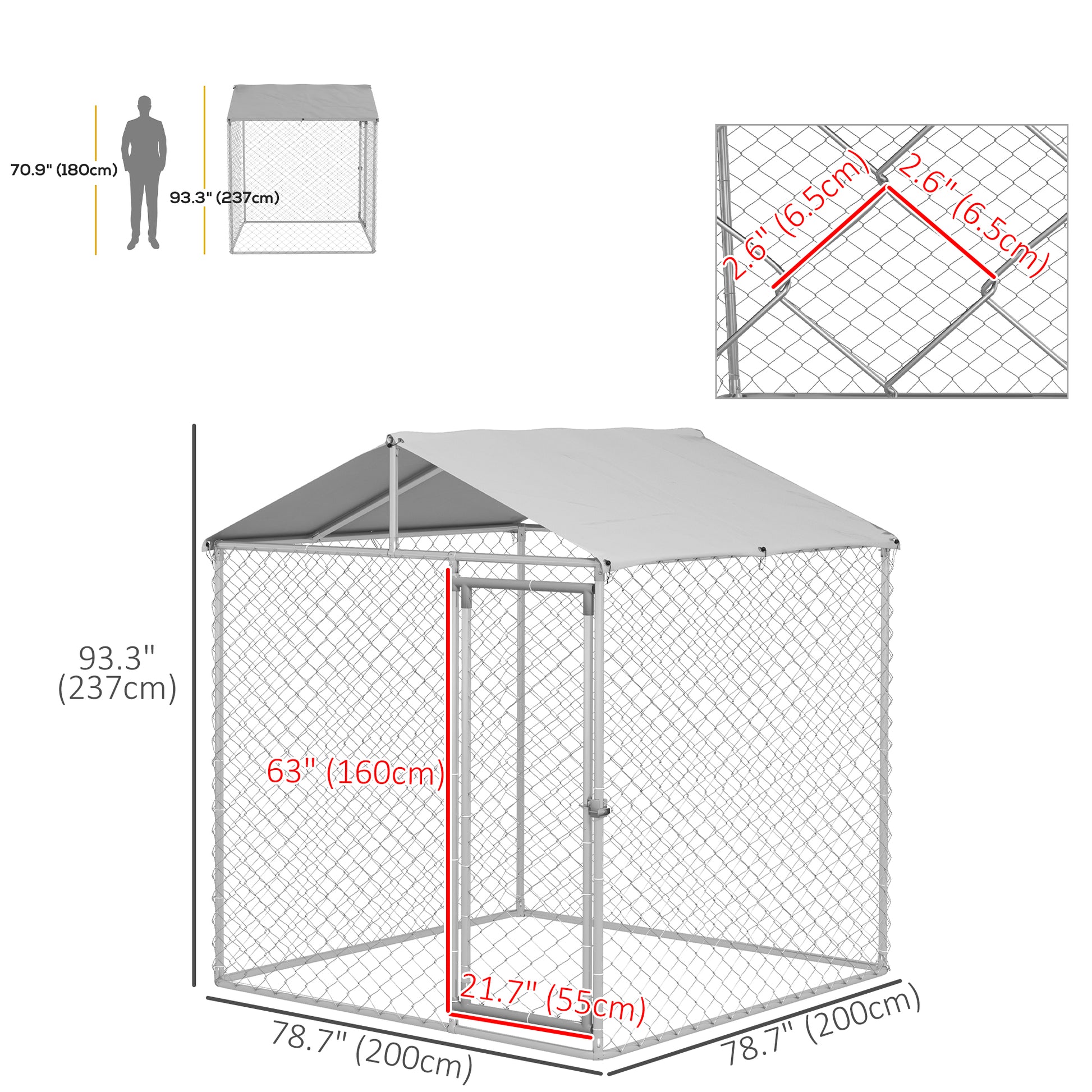 6.6' x 6.6' x 7.8' Outdoor Dog Kennel Heavy Duty Galvanized Steel Chain Link with UV-resistant Roof, Silver