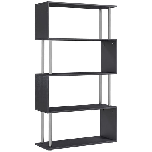 5-Tiers Geometric Wooden Bookcase S-Shaped Storage Bookshelf Display with Metal Frame for Living Room, Bedroom, Home Office, Black