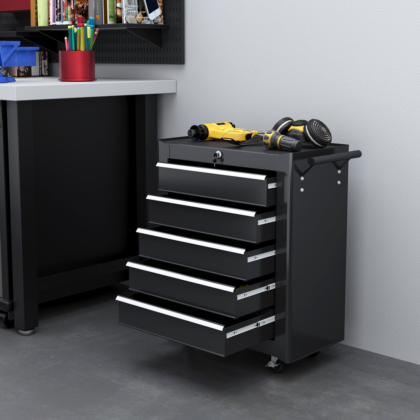 Rolling Tool Chest, 5-Drawer Lockable Tool Cabinet with 4 Wheels, Handle, Toolbox Storage Organizer for Garage, Workshop, Repair Shop, Black