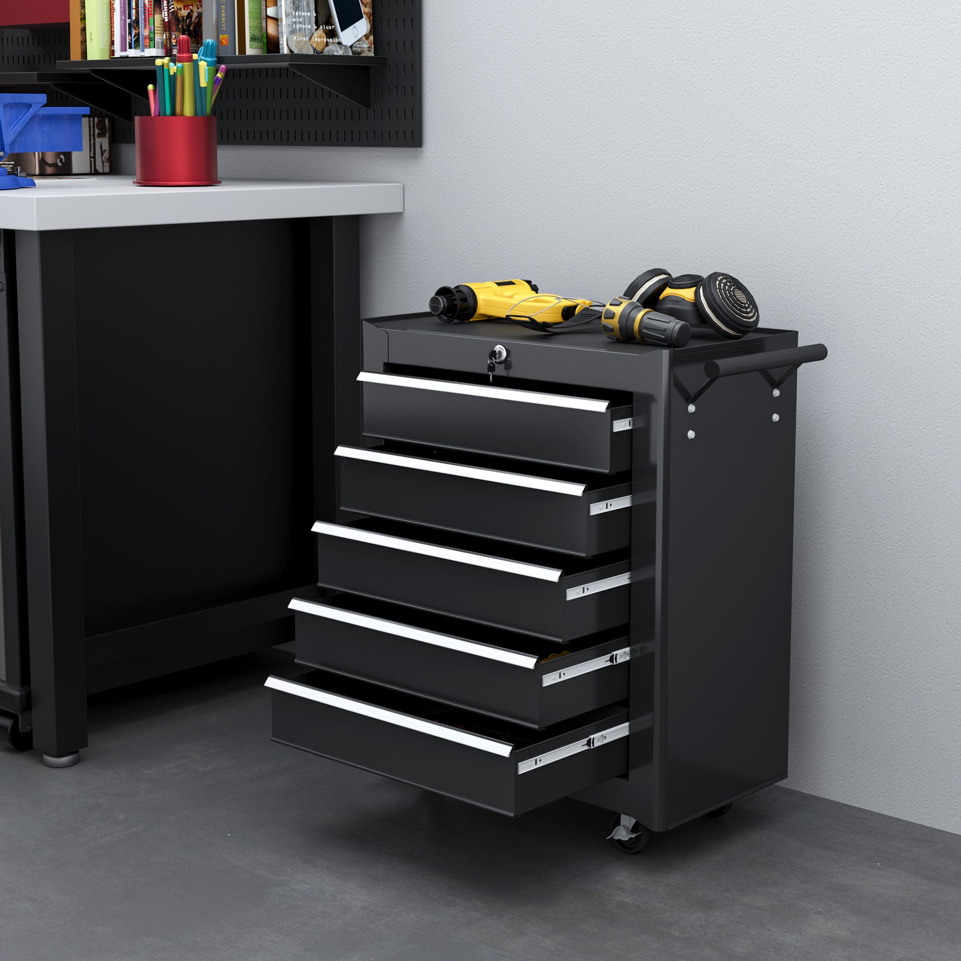 Rolling Tool Chest, 5-Drawer Lockable Tool Cabinet with 4 Wheels, Handle, Toolbox Storage Organizer for Garage, Workshop, Repair Shop, Black