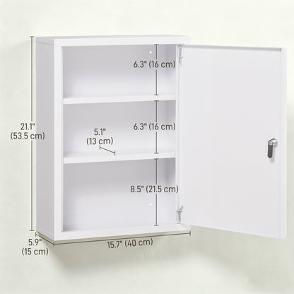 Lockable Medicine Cabinet, 3 Tier Steel Medical Wall Box with 2 Keys and Shelves for Bathroom, White