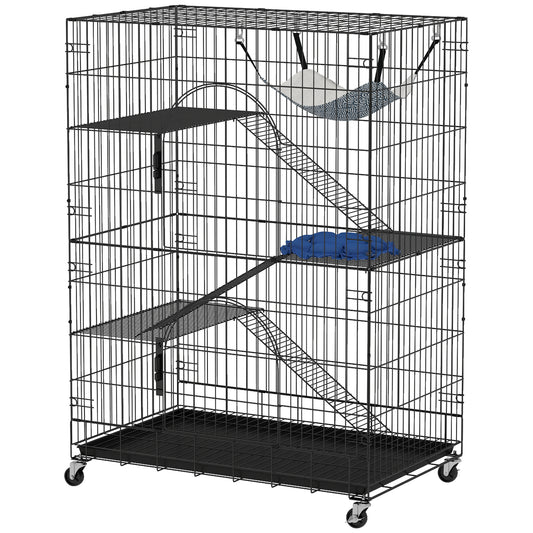 4-Tier Cat Cage, Large Cat Enclosure with Lockable Wheels, Tray, Hammock, Bed, 3 Ramp, 3 Platforms for 3-5 Kittens