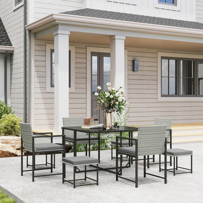 9 Pieces Wicker Patio Dining Set with 4 Armchairs, 4 Stools, Tempered Glass Top, Removable Cushions, Light Grey