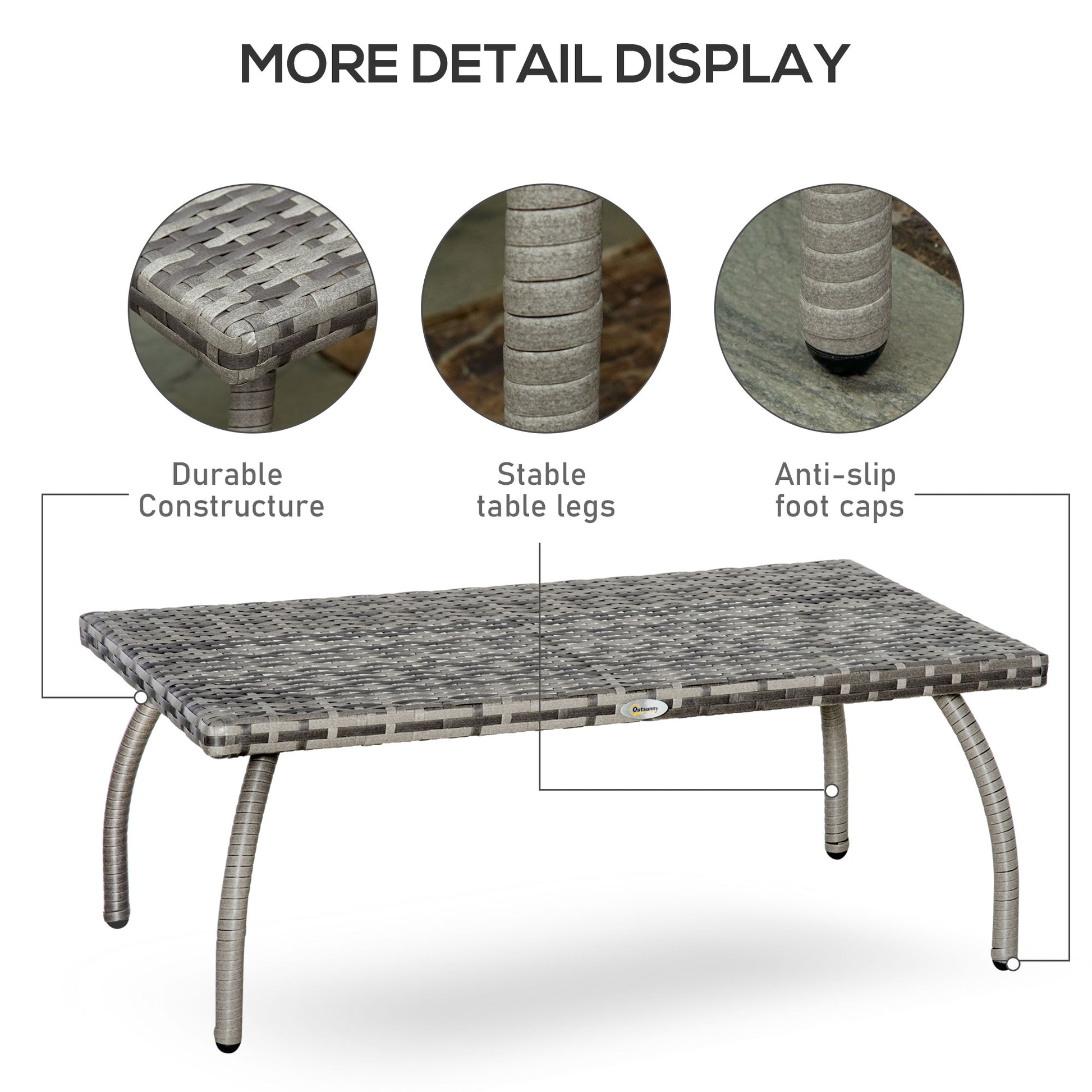 Rattan Coffee Table Outdoor Side Table, 35.4" x 19.7" Small Wicker Patio Furniture with All-Weather PE for Garden, Balcony, Backyard, Poolside, Grey