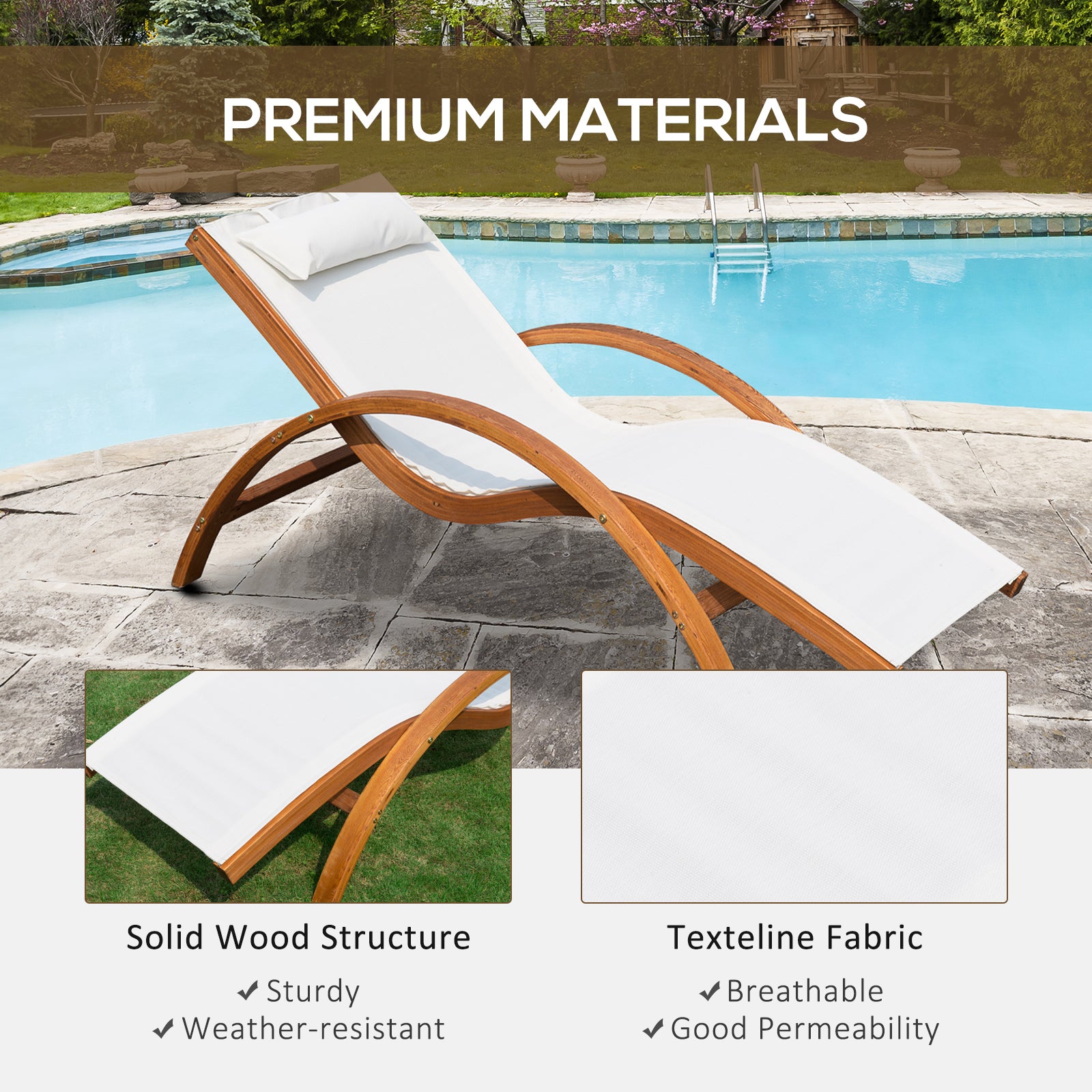 Outdoor Wood Sling Chaise Lounge Reclining Garden Mesh Lounger Patio Chair with Headrest Cream