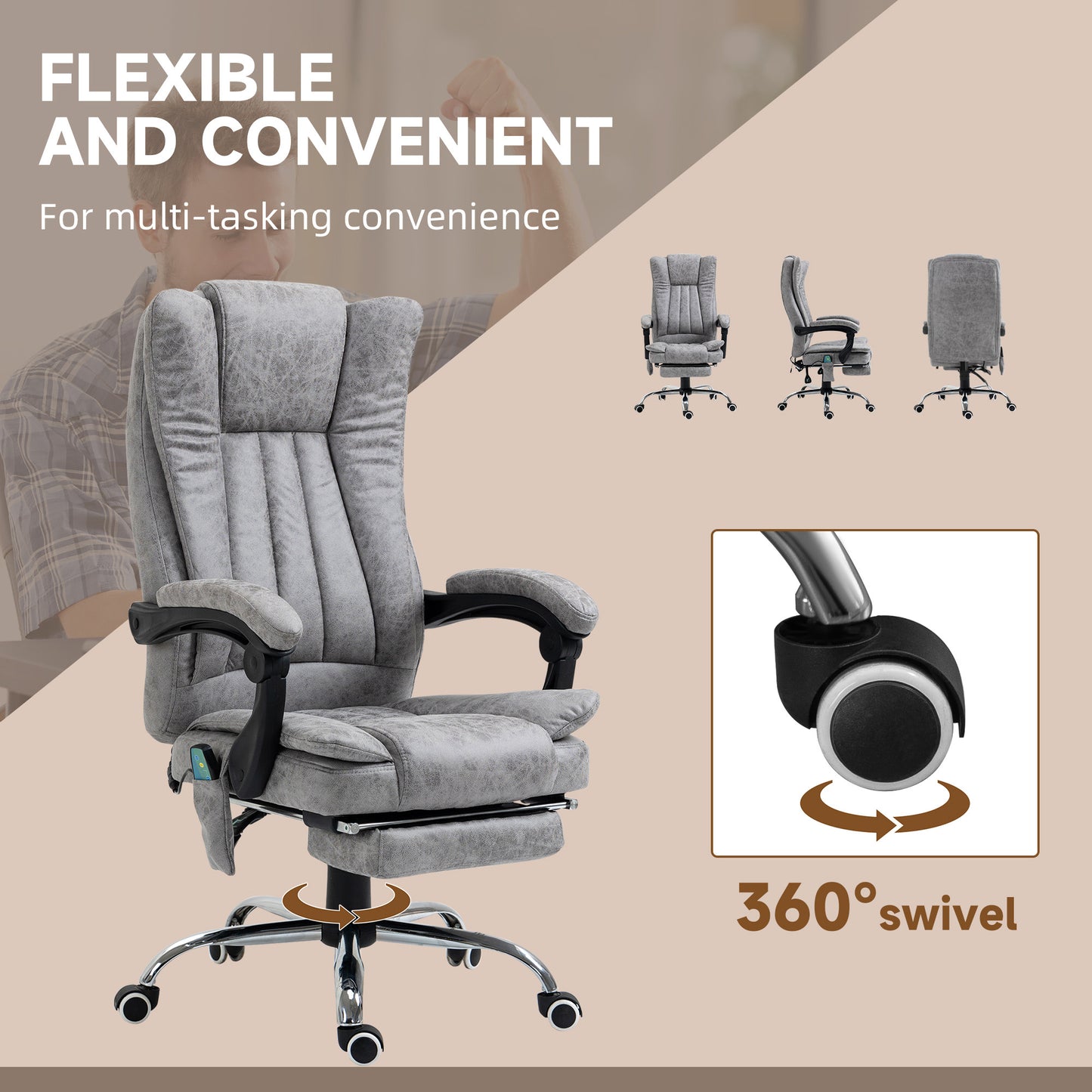 Office Chair 6-point Vibration Massage Chair Micro Fiber Recliner with Retractable Footrest Grey
