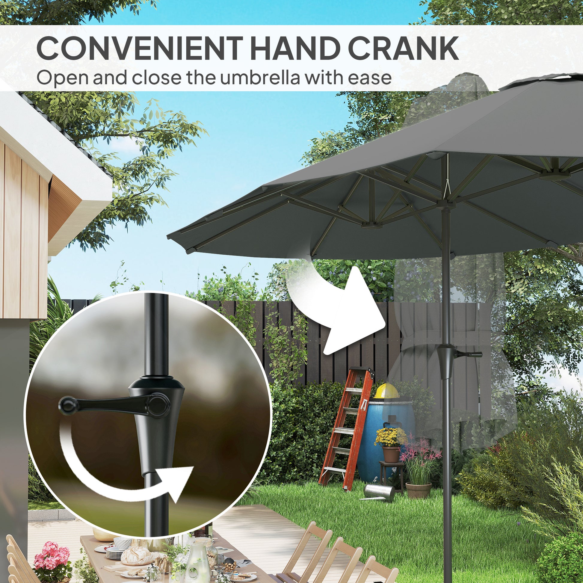 13ft Double-Sided Patio Umbrella with Crank Handle, for Poolside, Deck, Garden, Light Grey