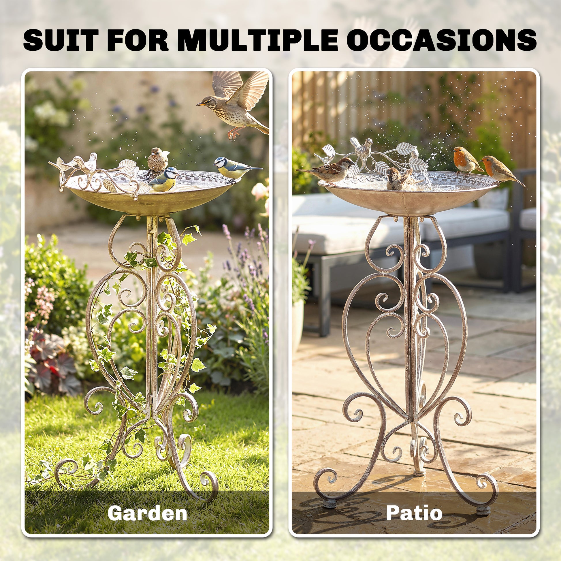 30" Tall Bird Bath with Bird Statues and Decorative Stand, Freestanding Vintage Garden BirdBath Bowl Pedestal, Brown