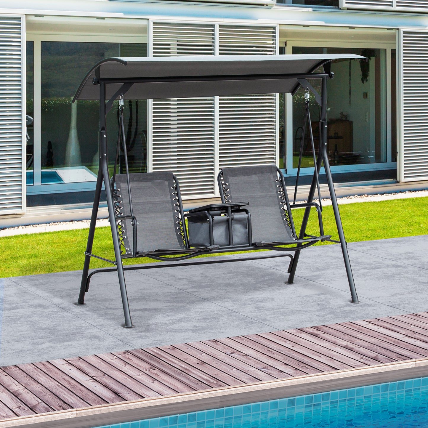 2 Person Covered Porch Swing Patio Swing with Pivot Storage Table, Cup Holder, & Adjustable Overhead Canopy, Grey